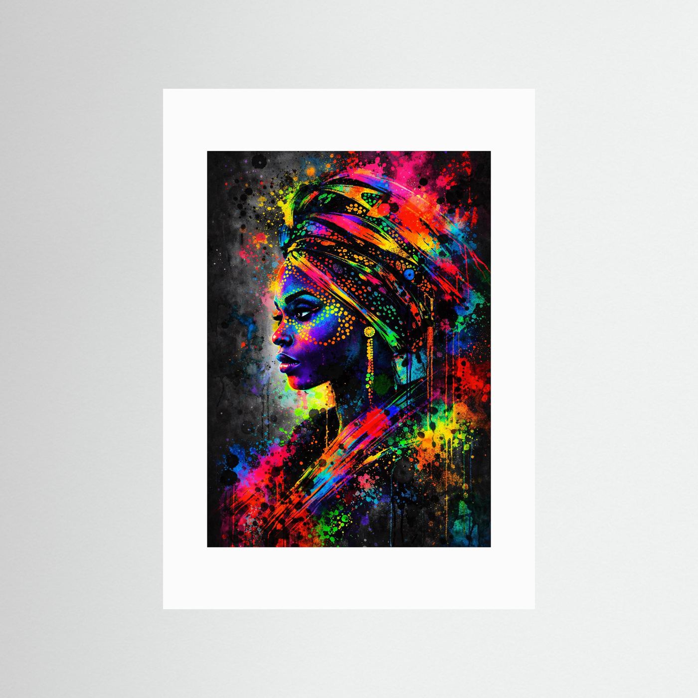 Pop-Art-Porträtposter mit Kopfschmuck, neonfarbige Frau im Profil, ohne Rahmen mit weißem Rand