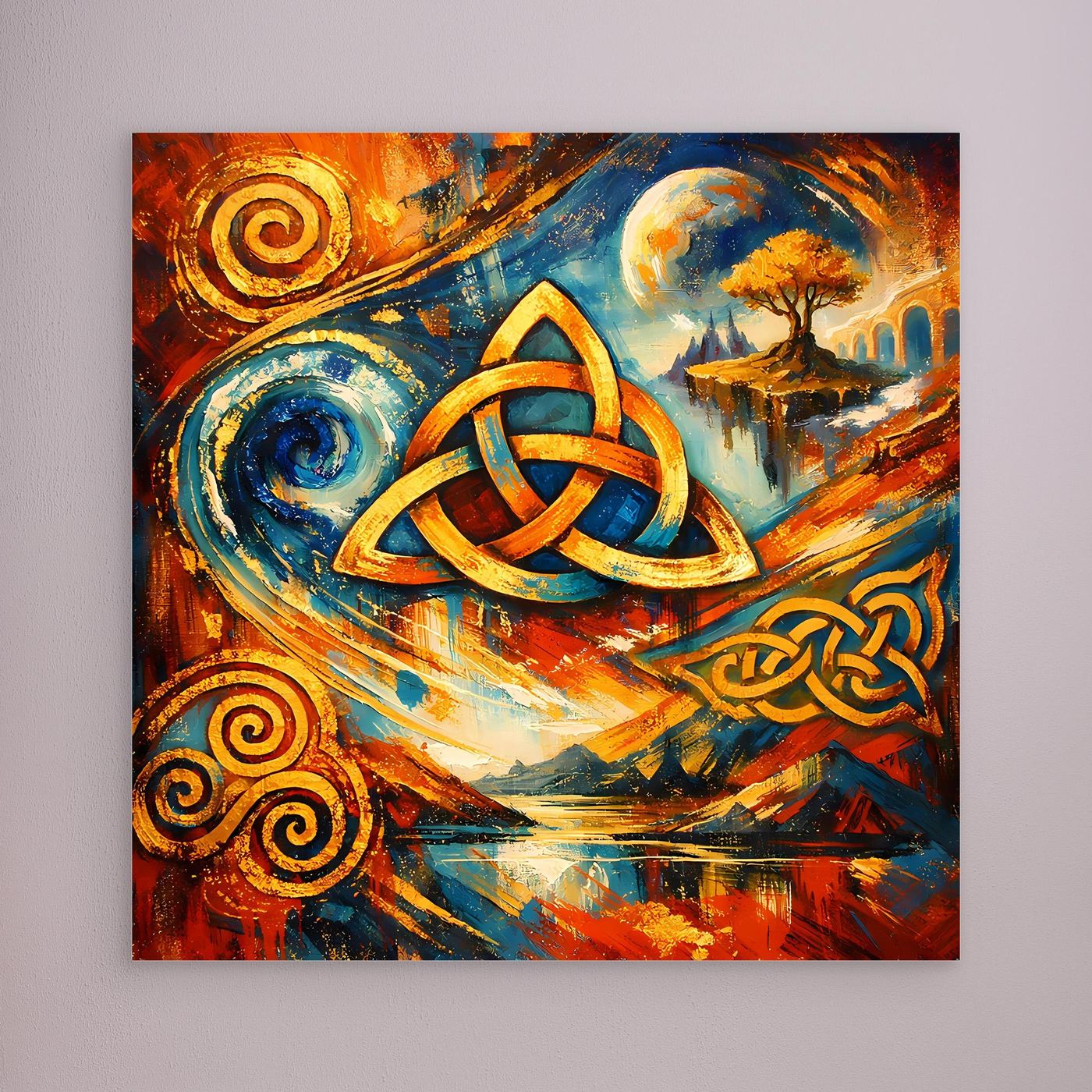Leinwandbild mit keltischem Triqueta und abstrakten Wirbelornamenten in Blau und Orange