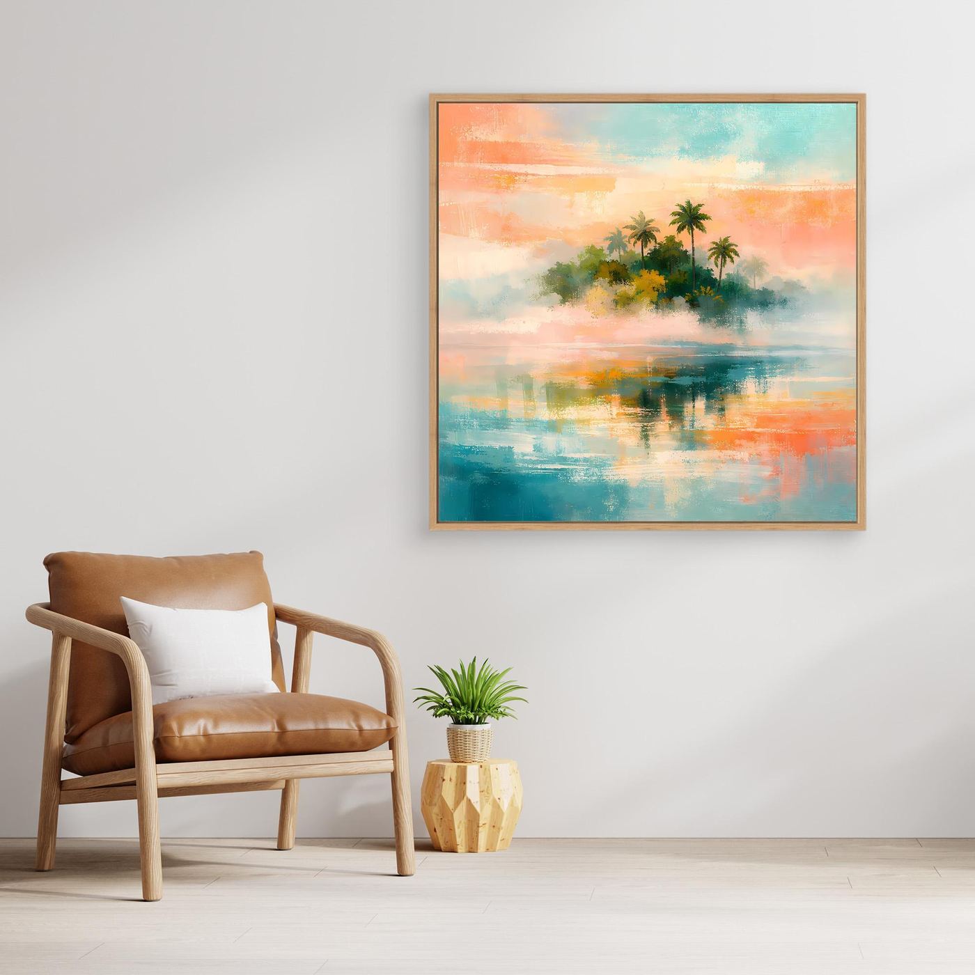 Wandbild mit abstraktem Tropenmotiv: Palmen und spiegelnde Meeroberfläche, mit Holzrahmen