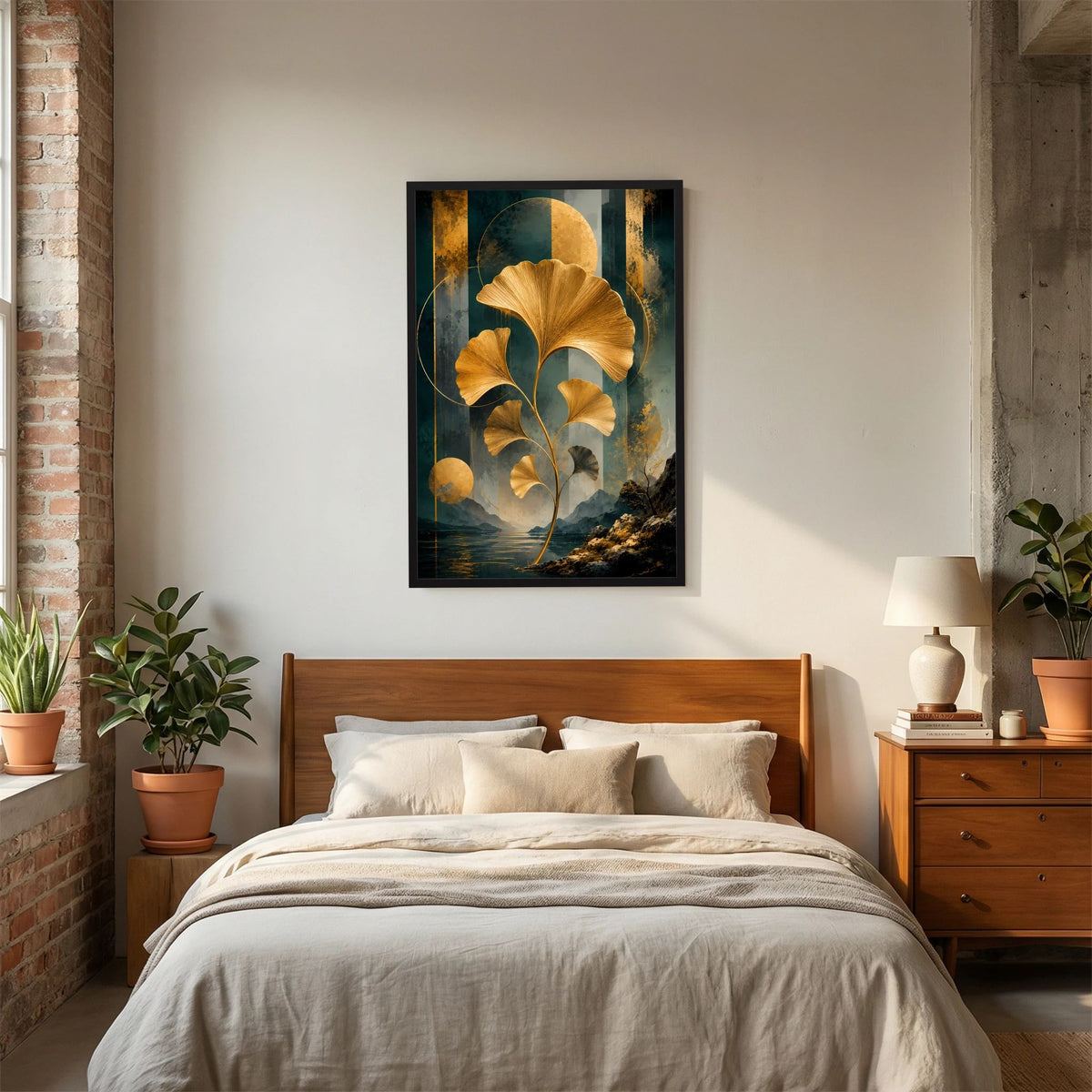 Abstraktes Ginkgo-Poster im schwarzen Rahmen mit goldenen Blättern auf Petrol im Hochformat