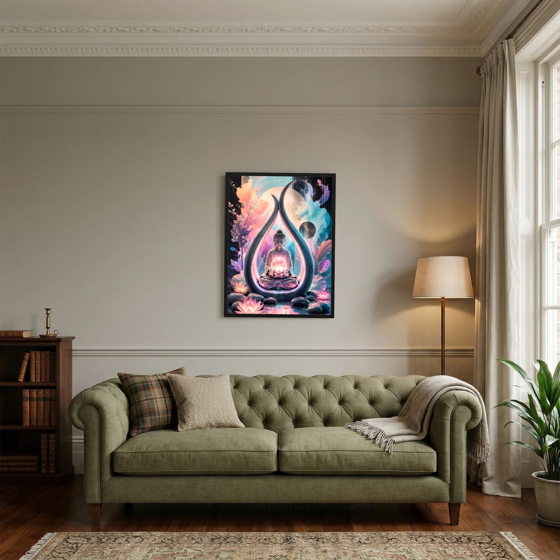 Hochformat-Poster mit Buddha-Silhouette im leuchtenden Lotus, farbige Blumenrahmen