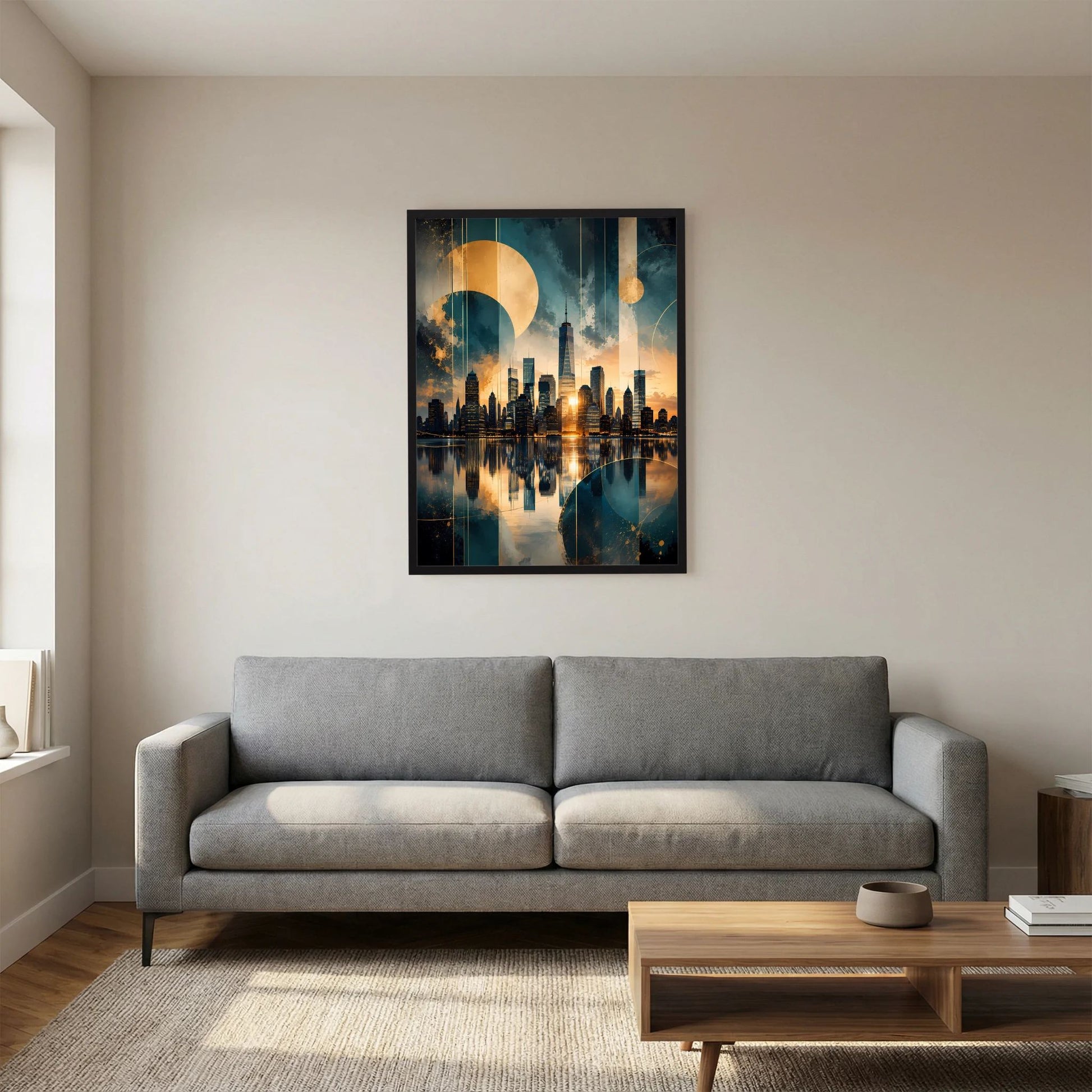 Hochformatiges Skyline-Poster im schwarzen Rahmen, gold & petrol mit reflektierenden Stadtlichtern