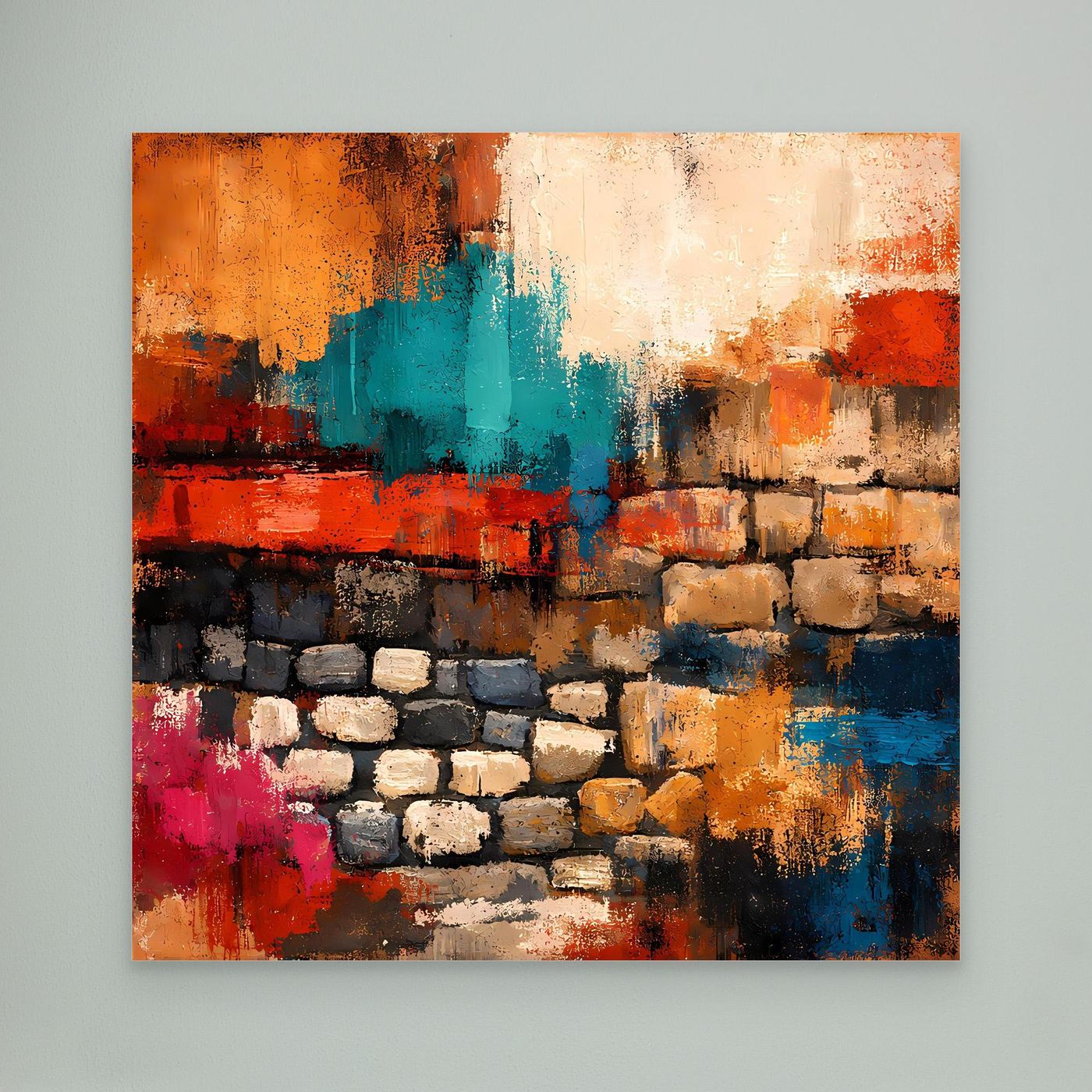 Wandbild mit abstrakter Steinmauer, orange, türkis, rot und blau, ohne sichtbaren Rahmen