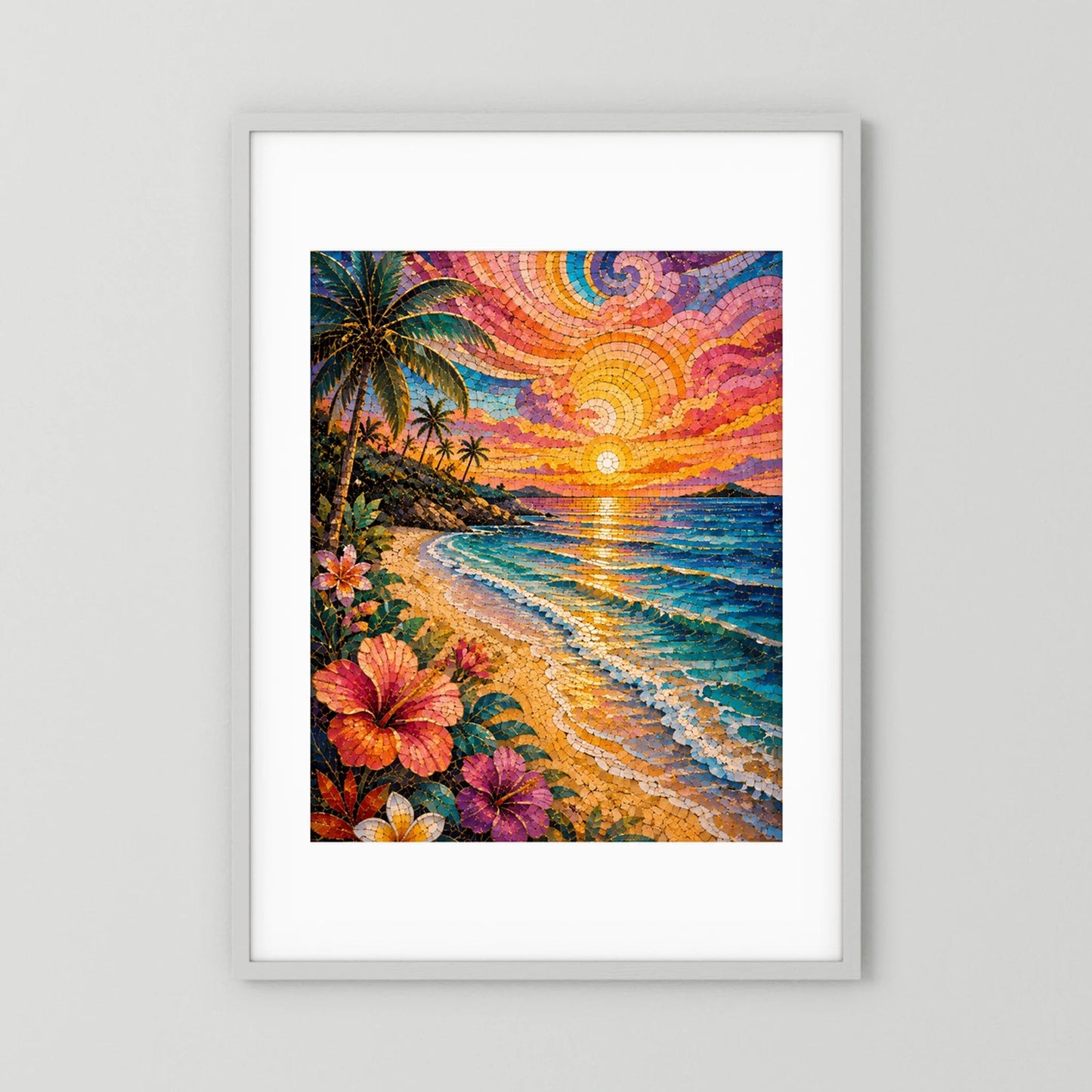Tropischer Strand im Sonnenuntergang | Farbenfrohes Mosaik mit Palmen & Hibiskus | Poster Hochformat
