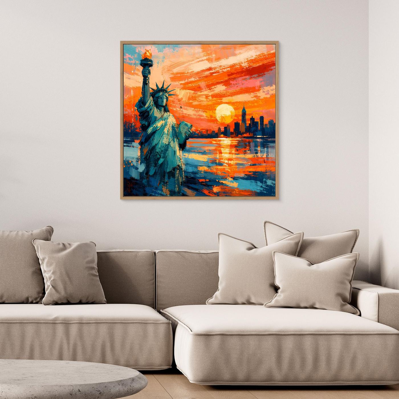 Abstraktes Leinwand-Wandbild mit Statue der Freiheit und Sonnenuntergang, mit hellem Rahmen.