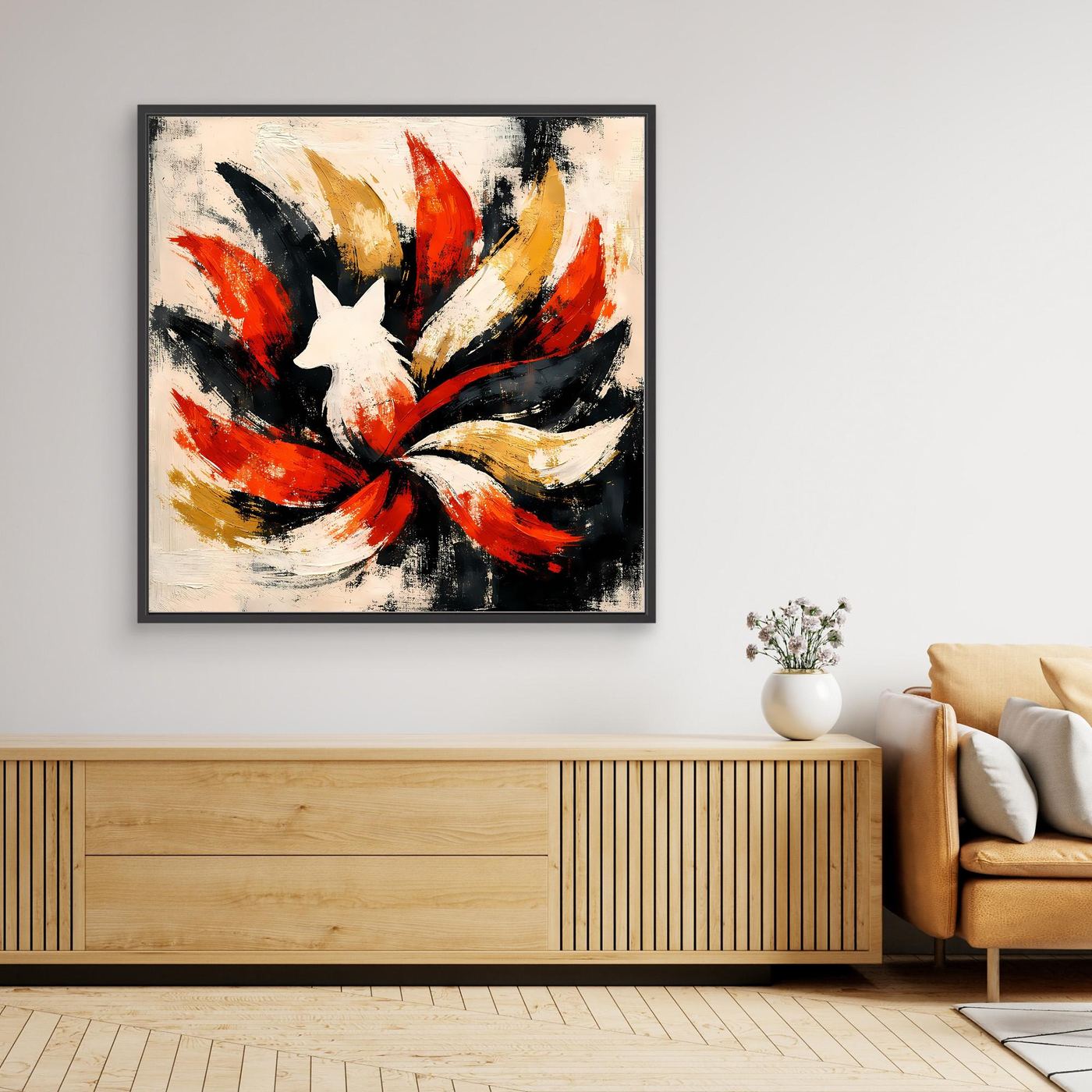 Leinwand Mythischer Neunschwänziger Fuchs Kitsune | Abstraktes Asia Fantasy Wandbild
