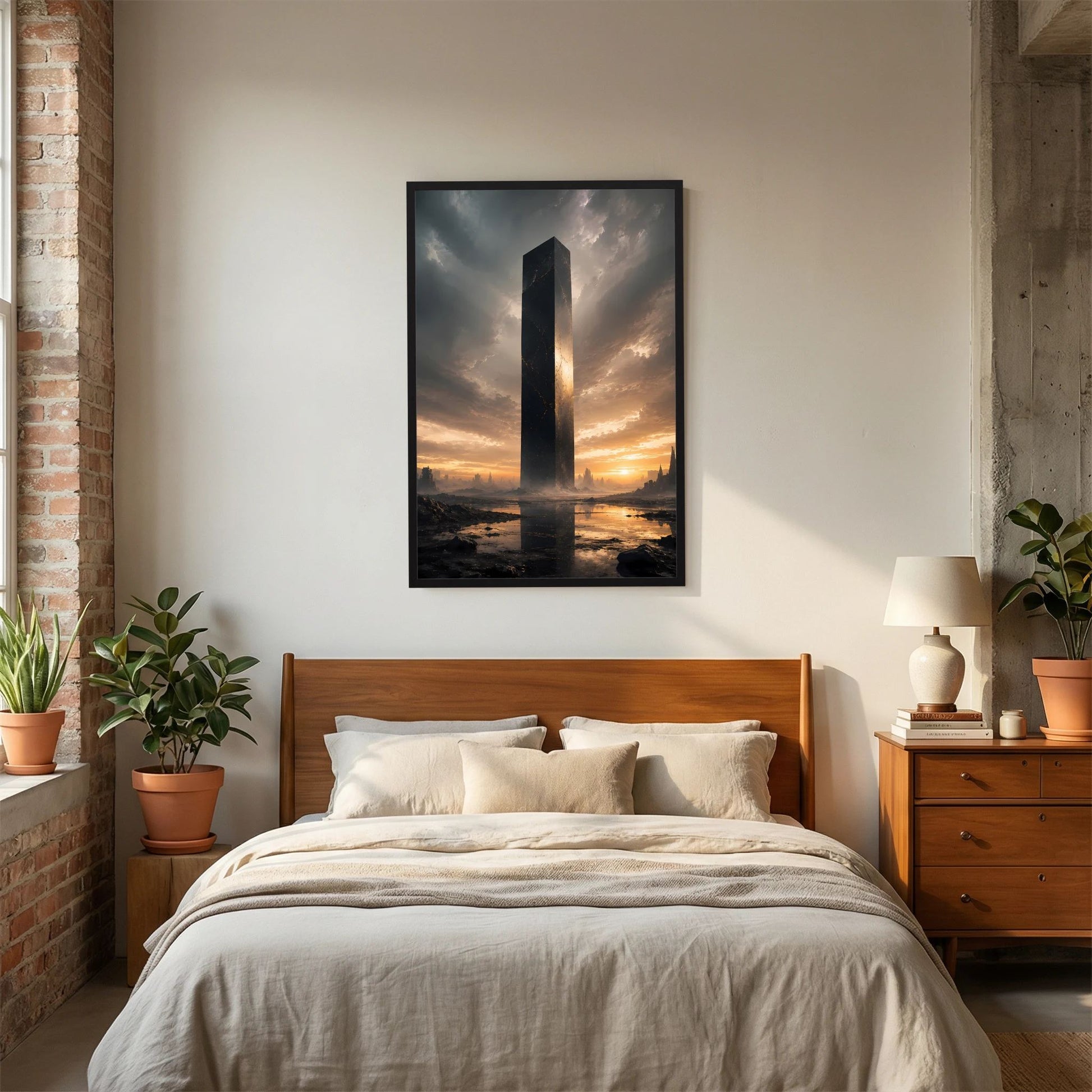 Gerahmtes Poster im Hochformat mit schwarzem Monolithen vor Sonnenuntergangslandschaft