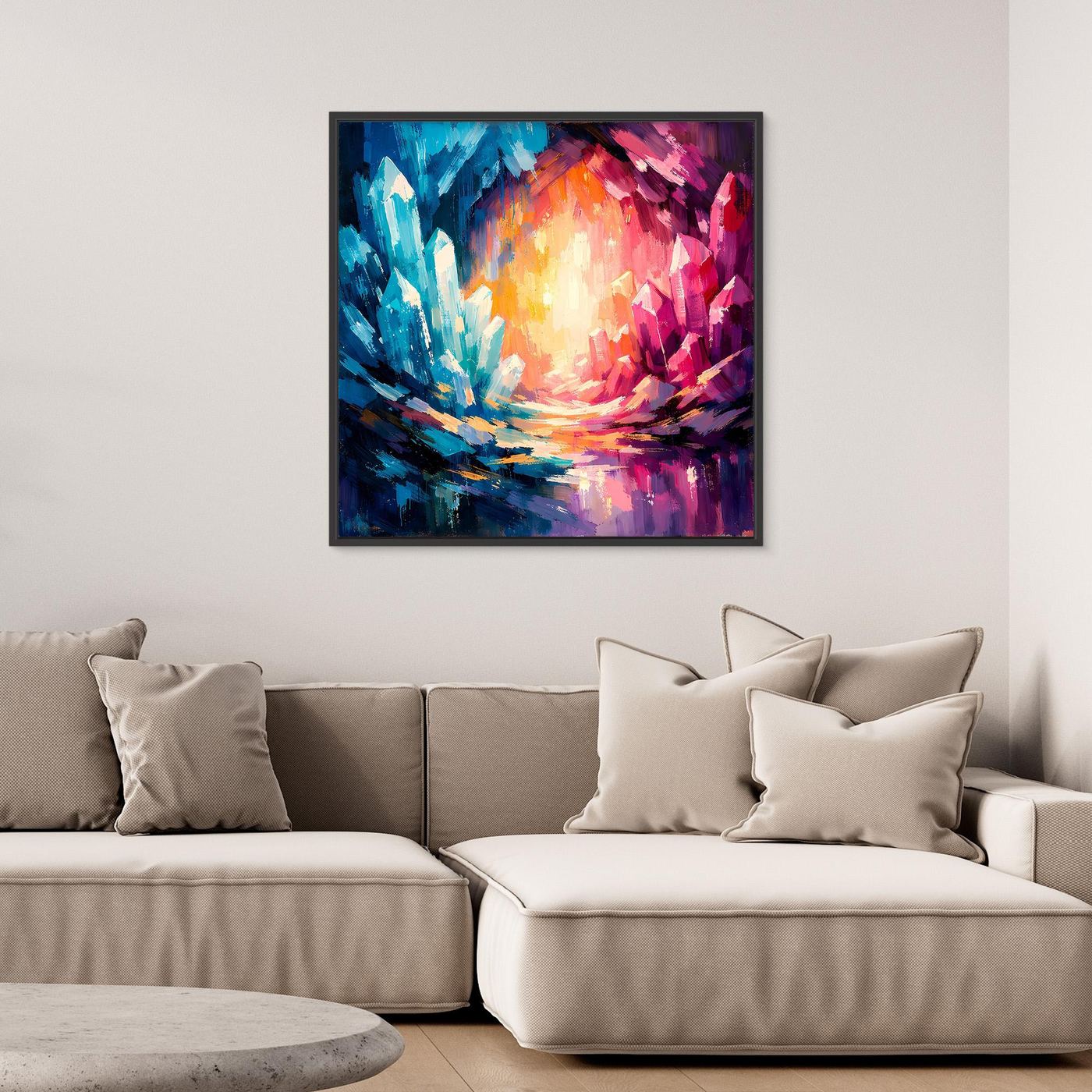 Abstract crystal canvas wall art with blue left and pink right tones, framed