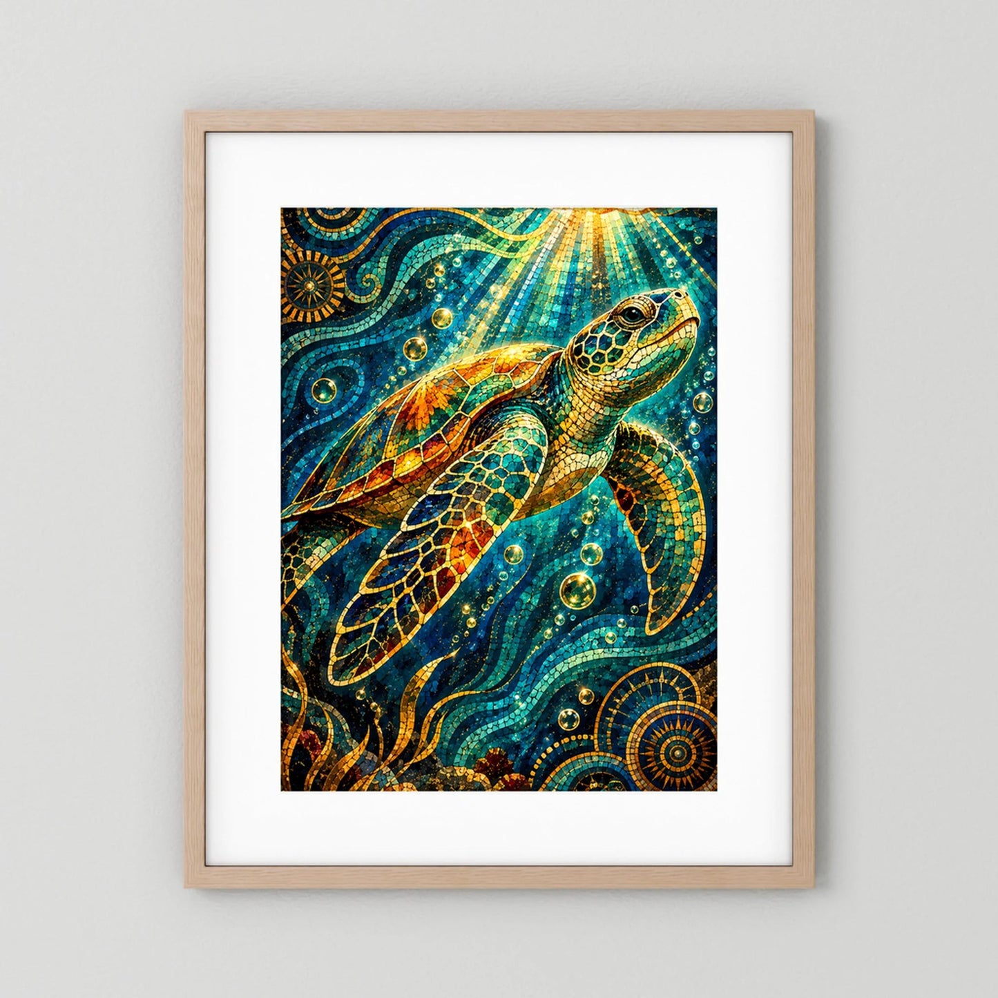 Kunstposter mit Meeresschildkröte im Mosaikdesign, türkis und gold, im beigen Holzrahmen
