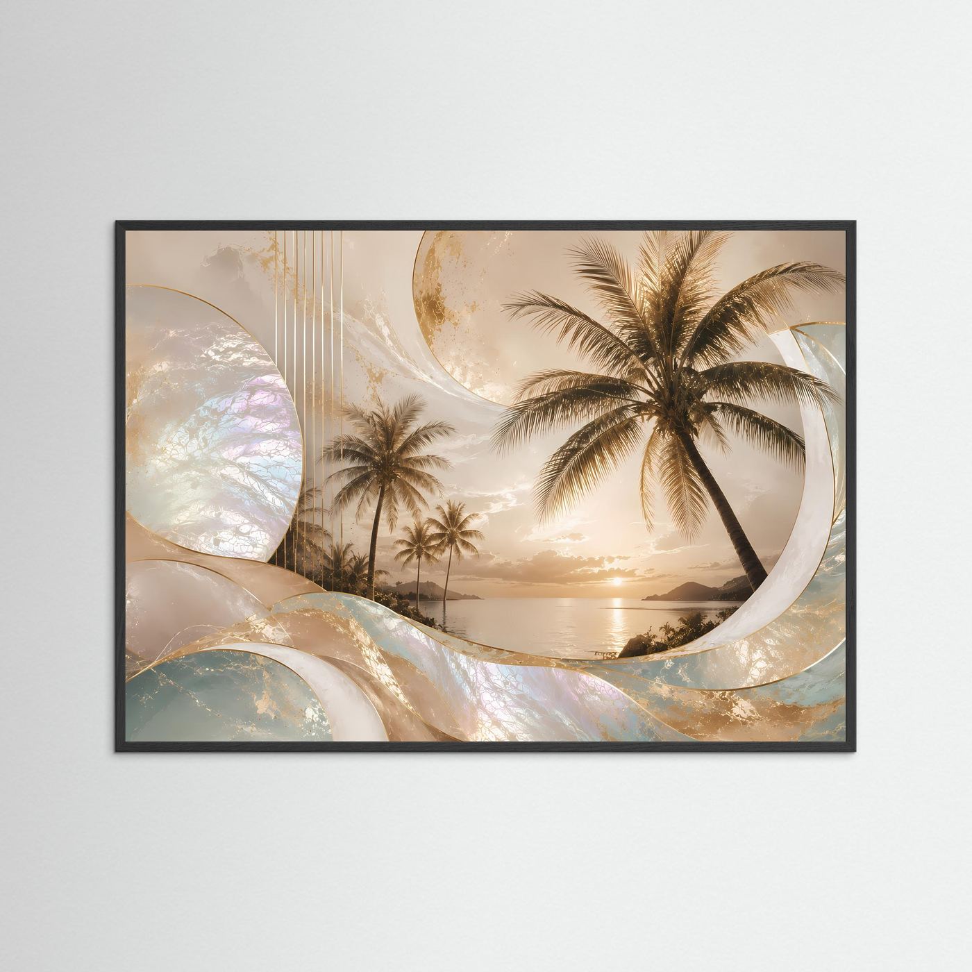 Poster Querformat mit Palmen und Sonnenuntergang, schwarz gerahmt