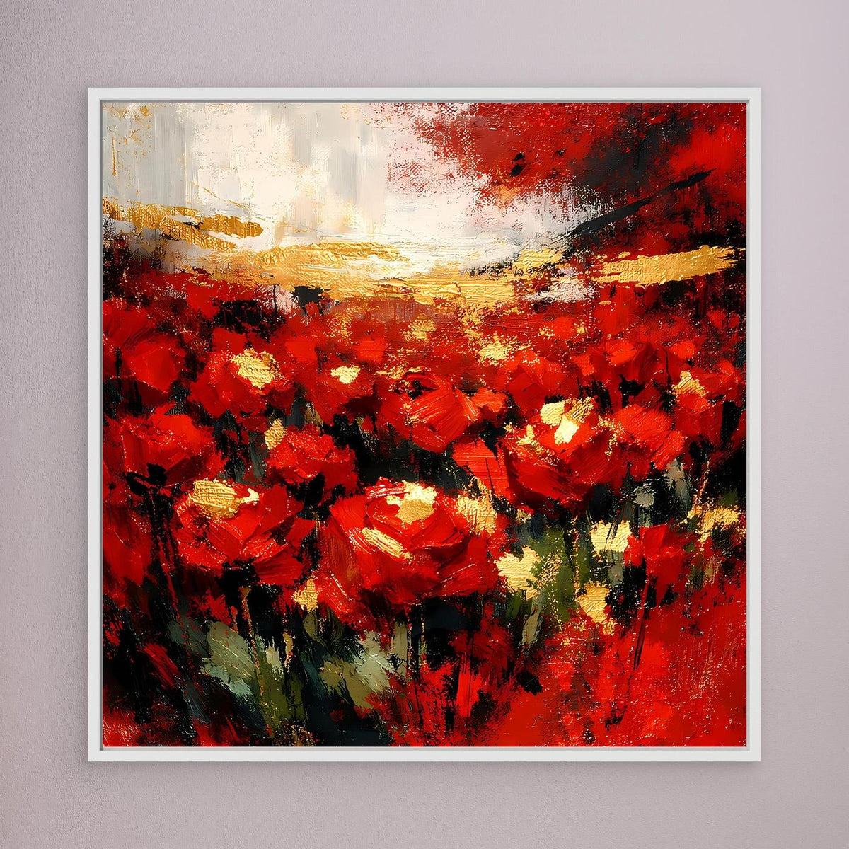 Wandbild mit abstraktem Blumenfeld, rote Blüten, Goldakzente, weißer Rahmen im Nahblick