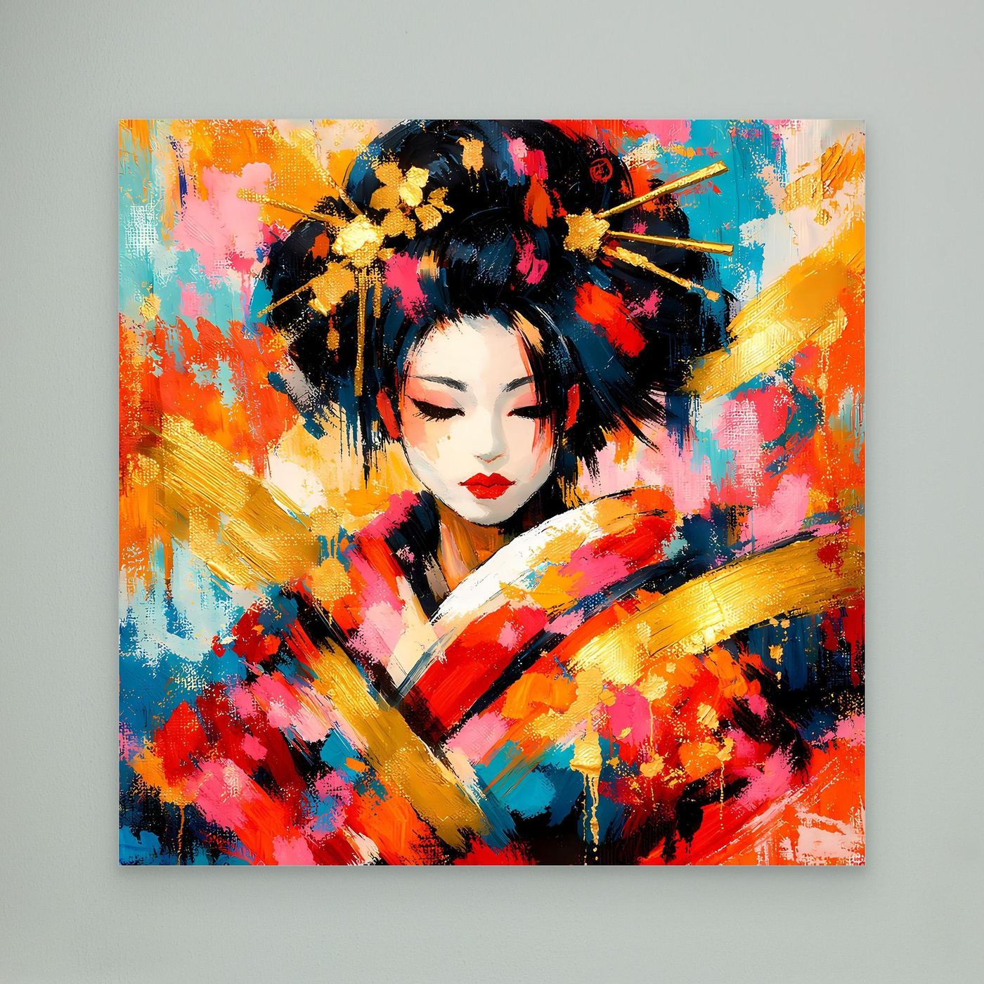 Leinwandbild mit Geisha-Porträt im abstrakten Stil, goldene Pinselstriche und kräftige Farben