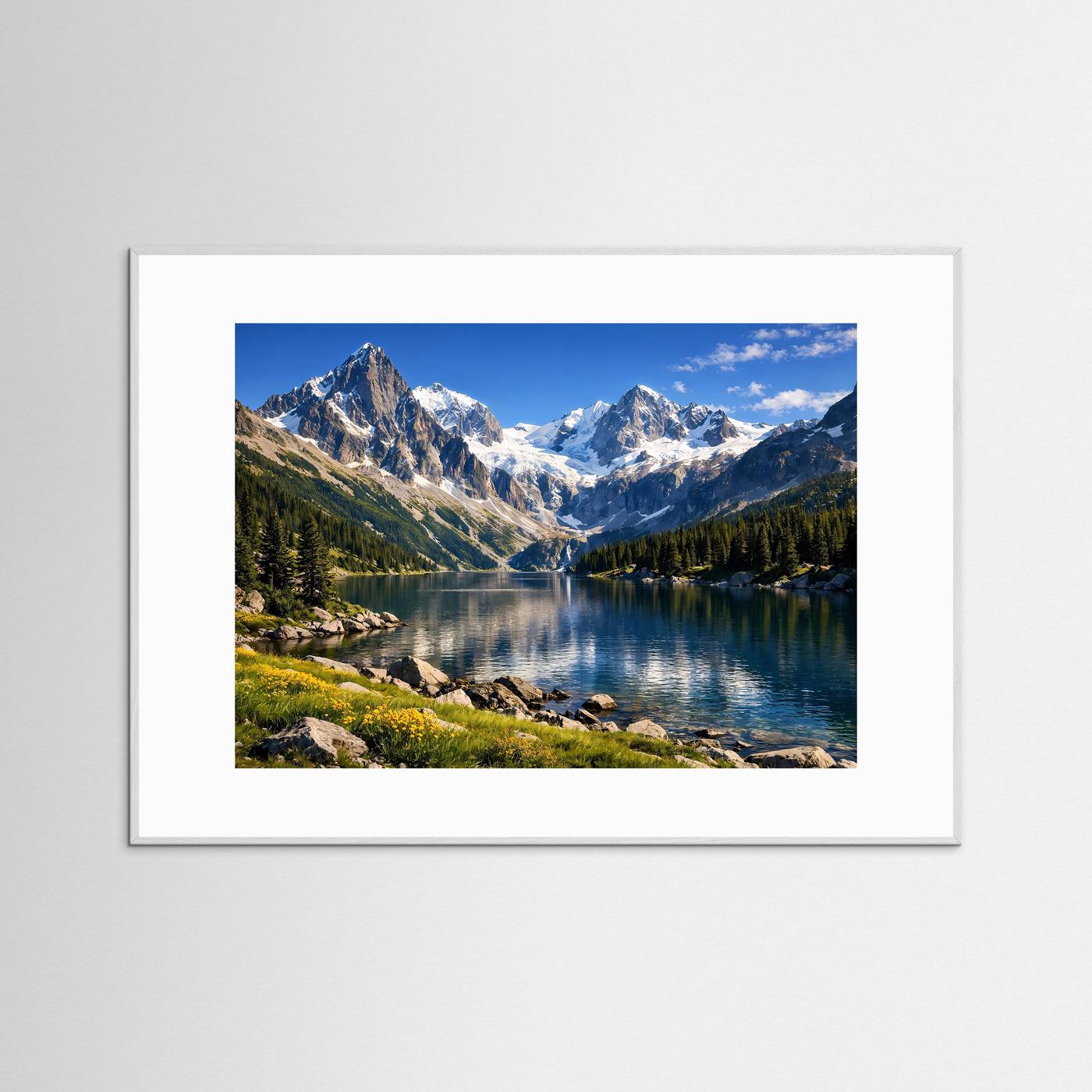Alpenpanorama mit Bergsee und Spiegelung, Poster im weißen Holzrahmen