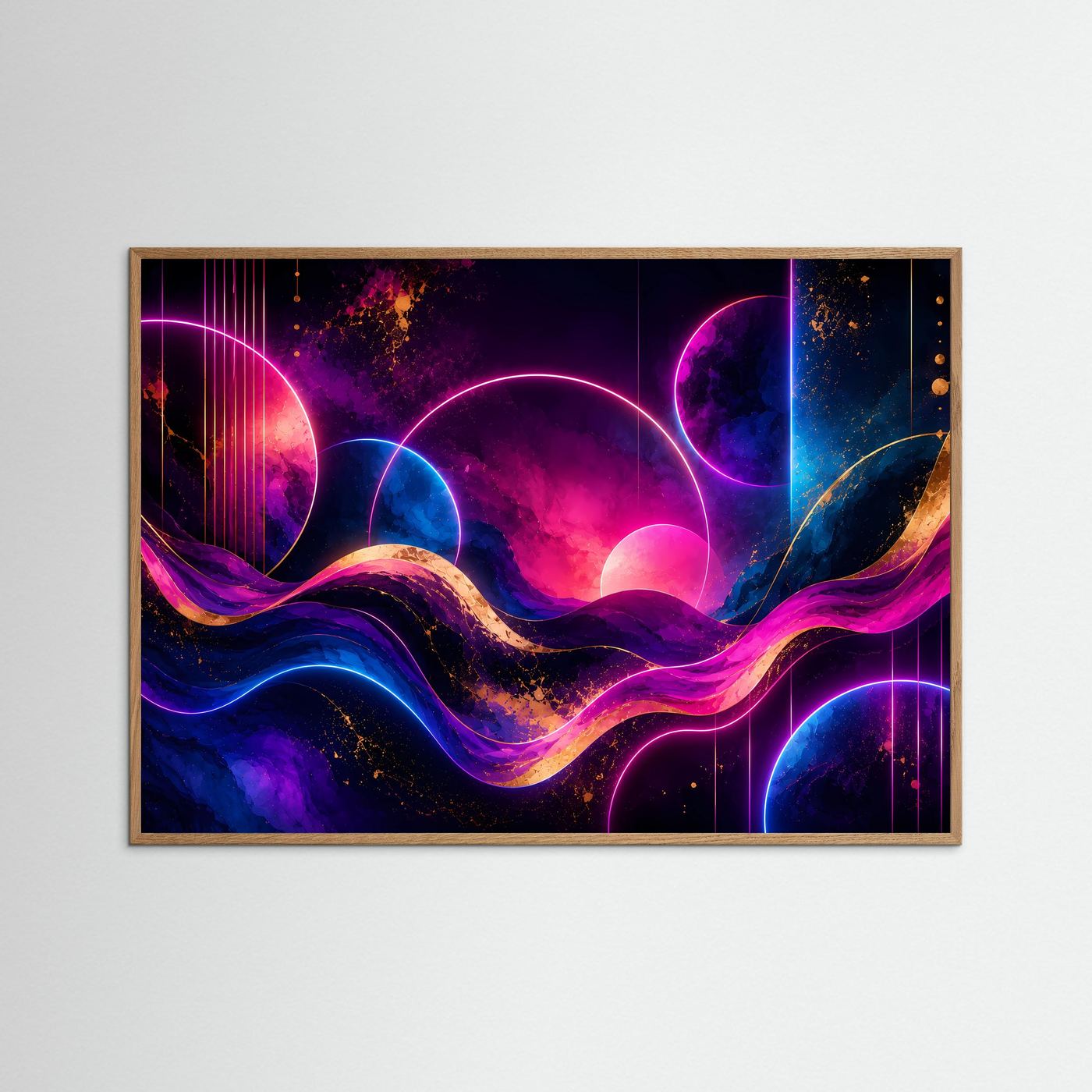 Neon-Wellen-Poster querformat im braunen Holzrahmen, abstrakt mit pinken und blauen Bögen.
