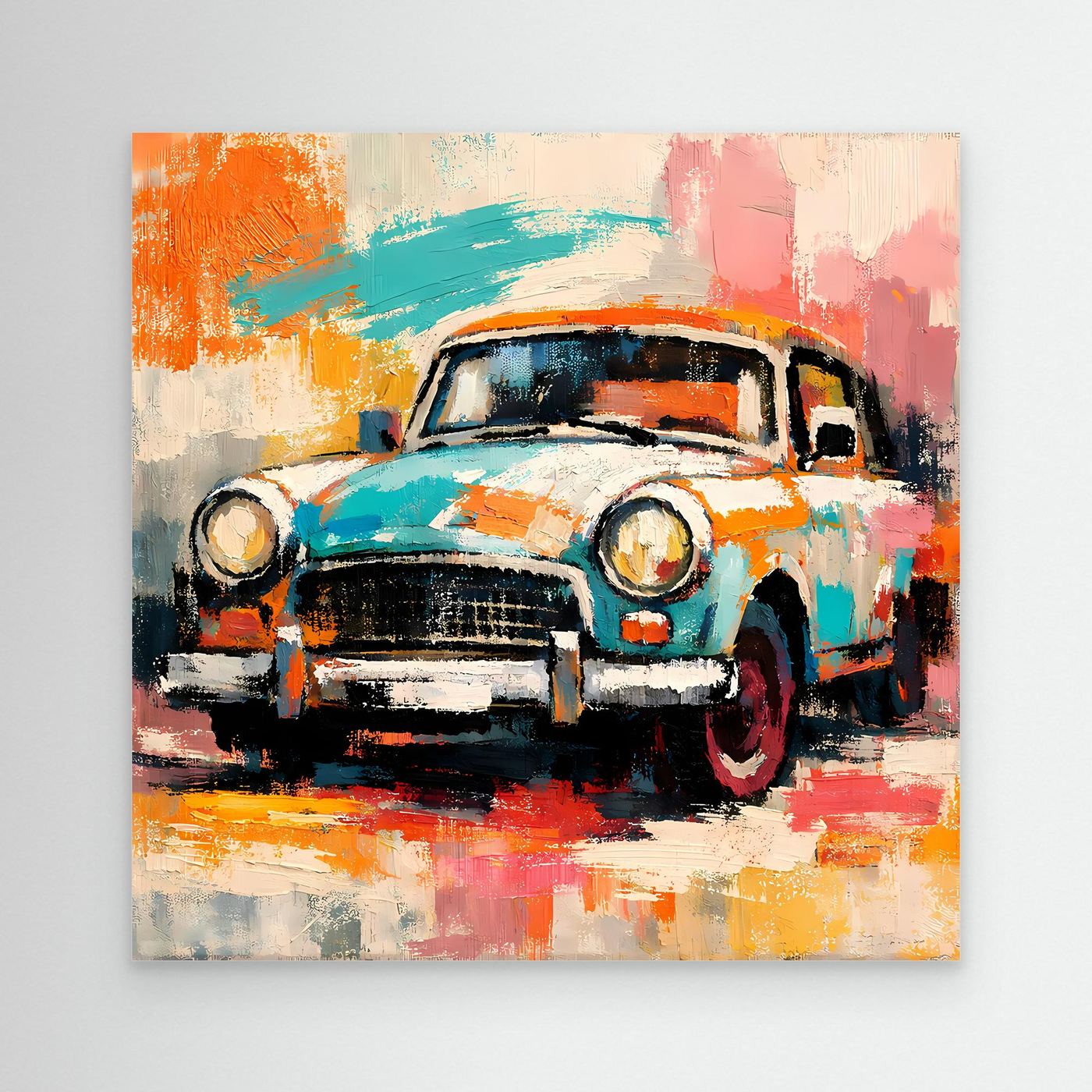Abstract vintage car canvas wall art, colorful brushstroke painting