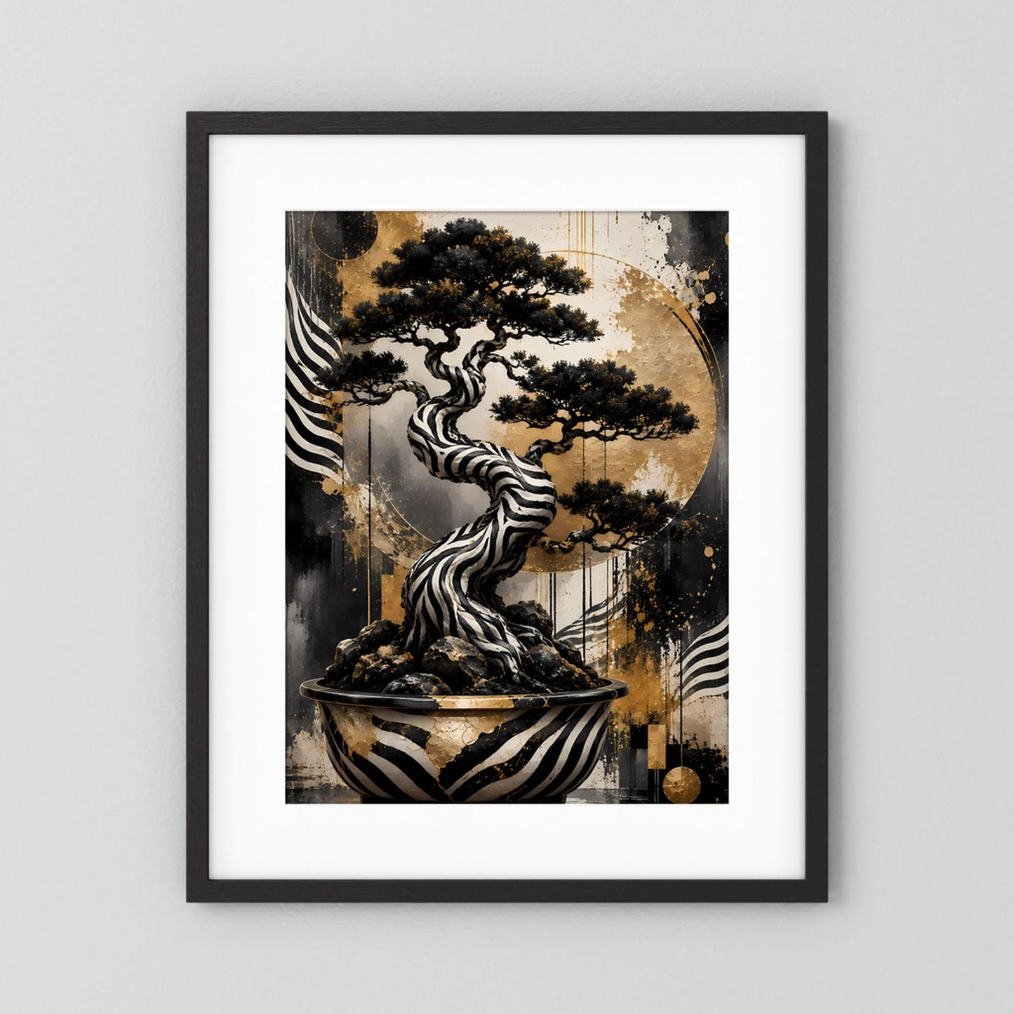 Zebra Bonsai | Abstrakter Baum in Schwarz Weiß Gold | Poster Hochformat