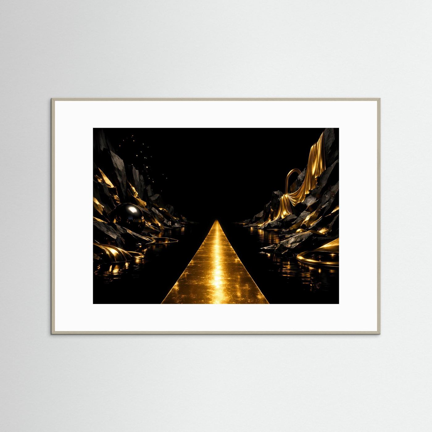 Goldener Pfad in Mystischer Felslandschaft | Luxus Kunst & Elegante Wanddeko Querformat