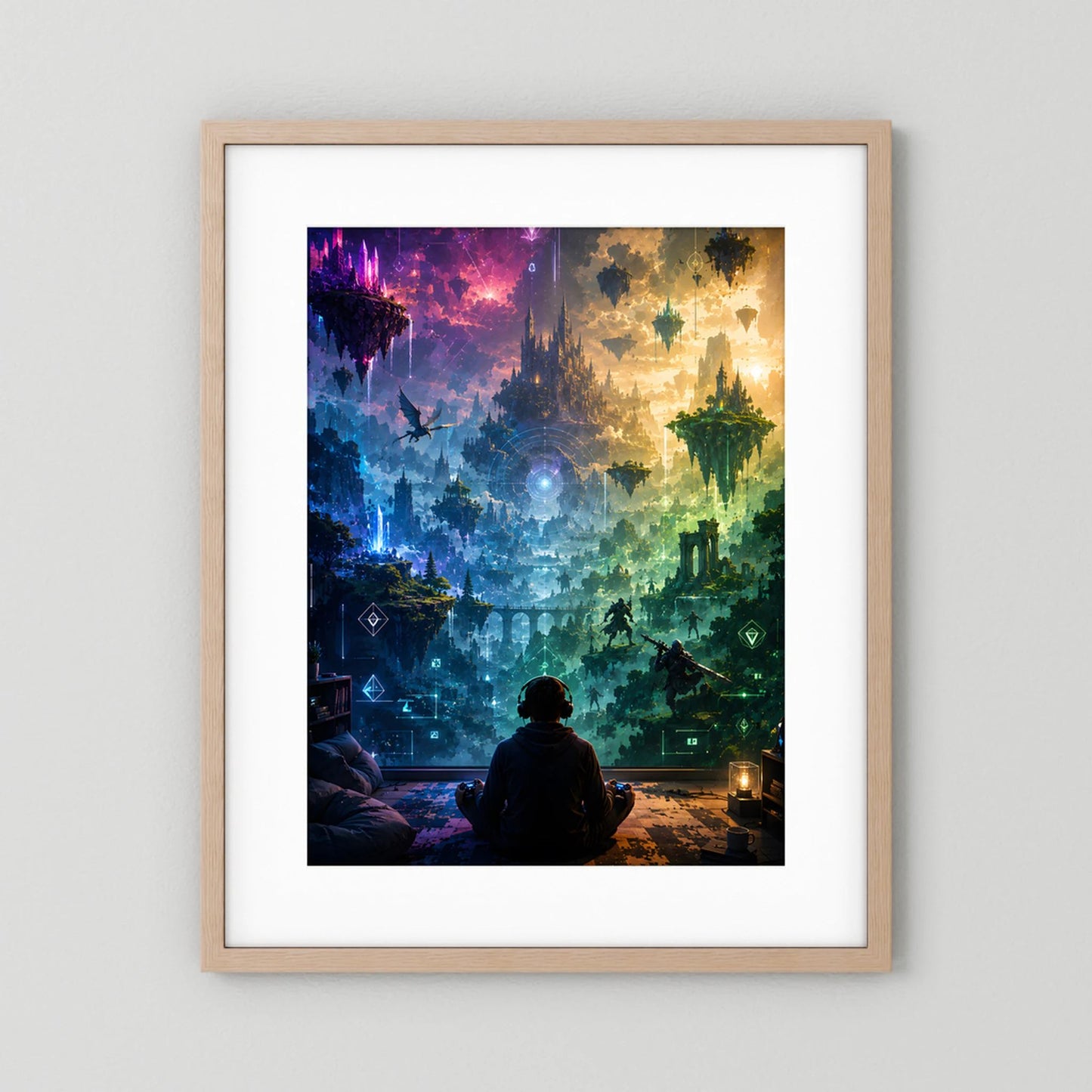 Kunstposter im hellen Holzbilderrahmen mit weißem Passepartout, Fantasie-Gaming mit Inseln