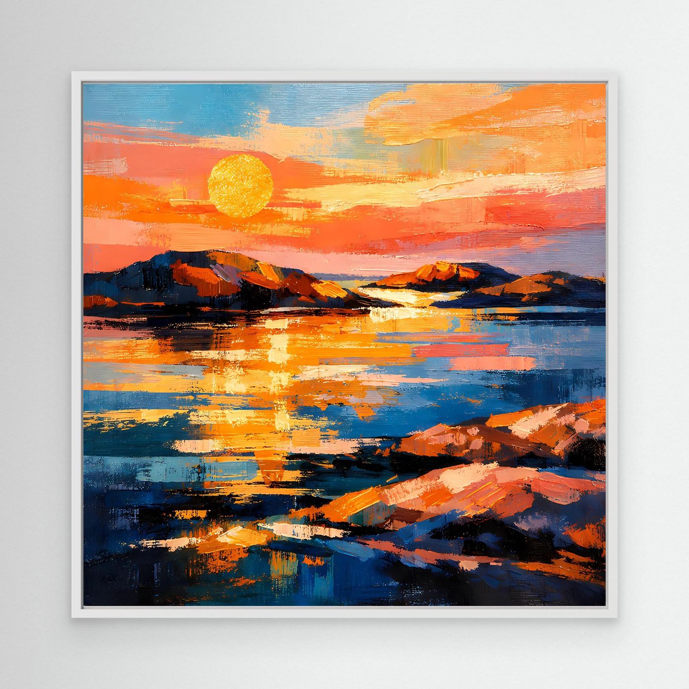 Abstraktes Leinwandbild mit Sonnenuntergang über dem Meer, weißer Rahmen