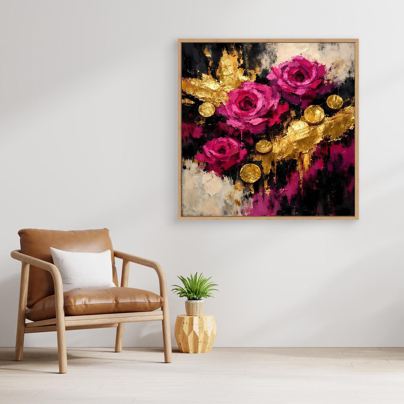 Leinwand Elegante Rosen in Magenta | Abstraktes Blumen Wandbild Gold