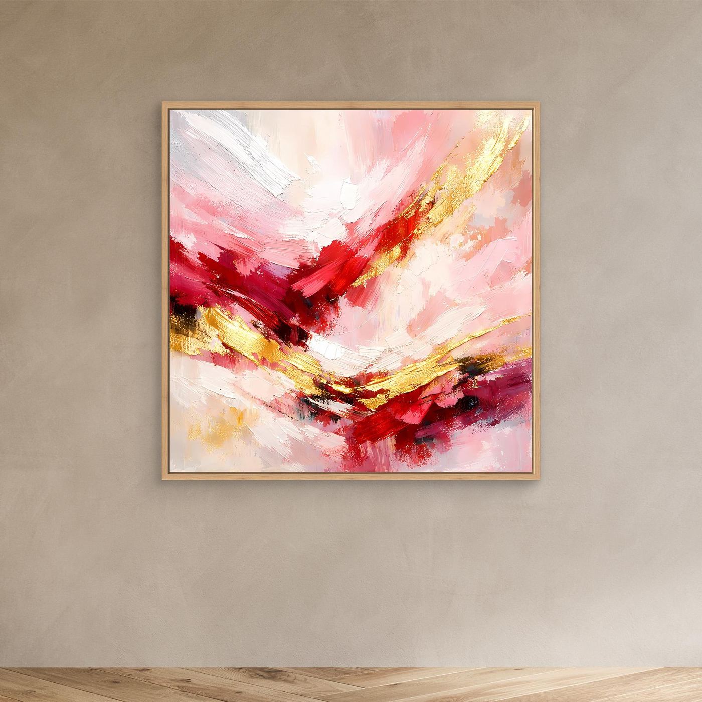 Abstraktes Leinwandbild mit rosa-roten Pinselstrichen und goldenen Akzenten, brauner Rahmen