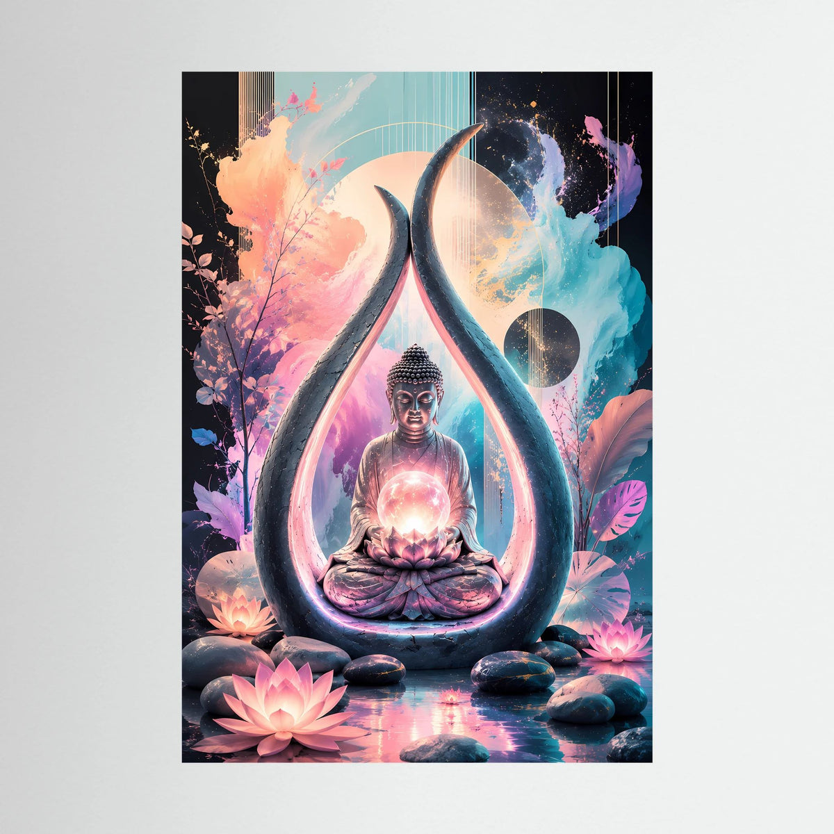 Poster mit sitzendem Buddha im Tropfensymbol, leuchtendem Lotus und Energieglanz