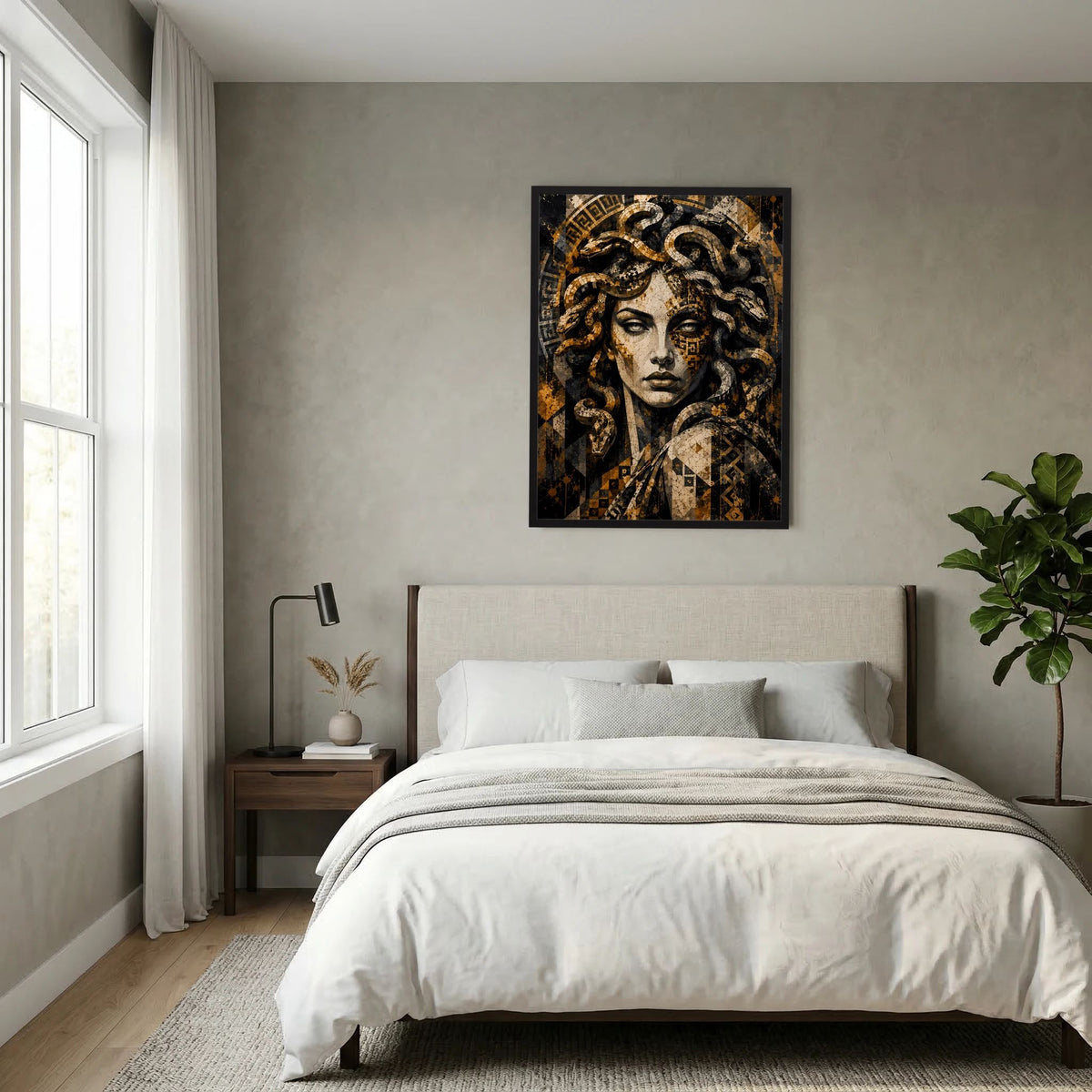 Wandposter mit Medusa-Motiv in Gold und Schwarz, Details der Schlangen sichtbar