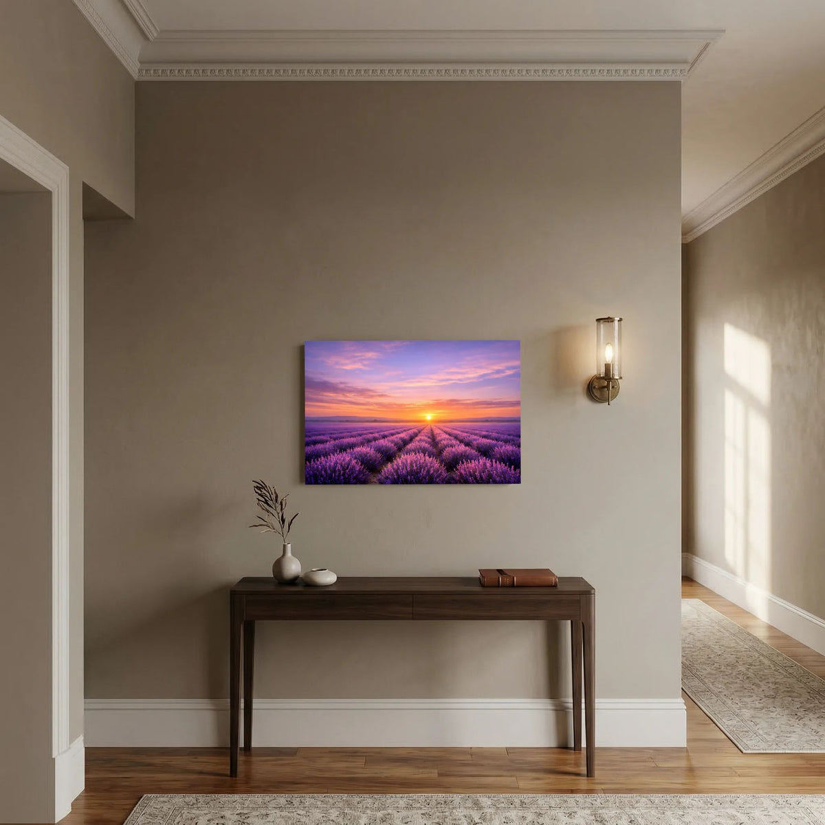 Wandbild mit Lavendelfeld bei Sonnenuntergang im Querformat