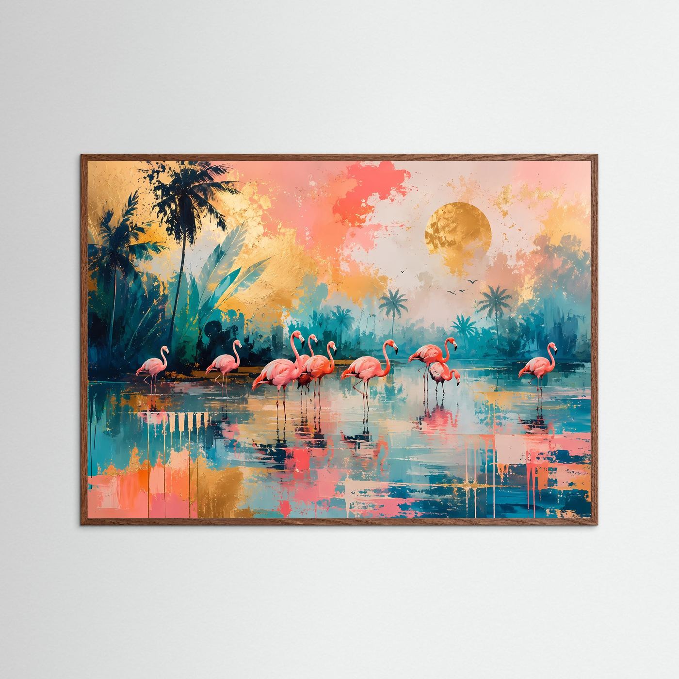 Flamingo Poster Modern | Tropisches Wandbild in Pastell | Abstrakte Flamingo Kunst | Exotische Lagoon Deko | Leinwand Wohnzimmer