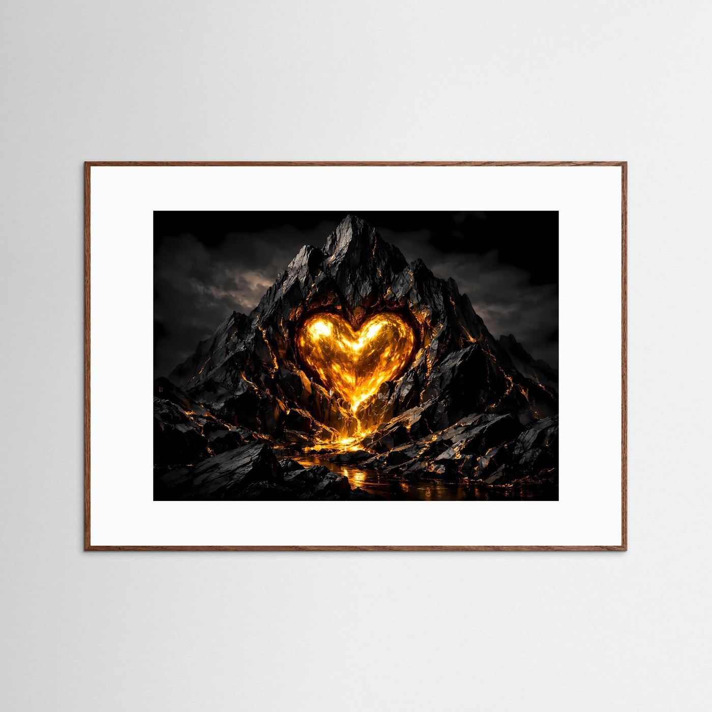 Glühendes Vulkanherz im Fels massiv | Feurige Magma Kunst & Herz Wandbild Querformat