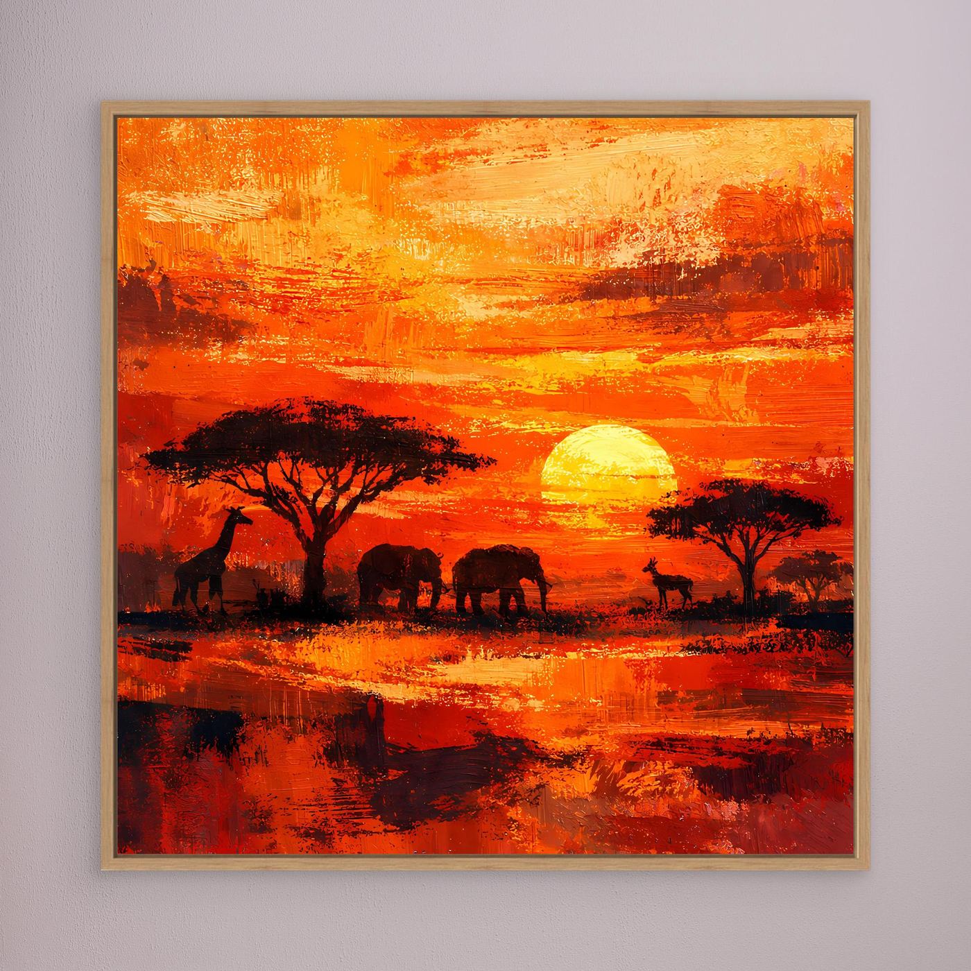 Leinwand Afrikanische Savanne bei Sonnenuntergang | Modernes Elefanten & Giraffen Wandbild