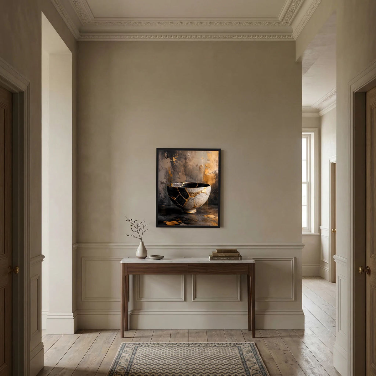 Gerahmtes Wandposter Hochformat mit Kintsugi-Schale in Schwarz, Weiß und Gold
