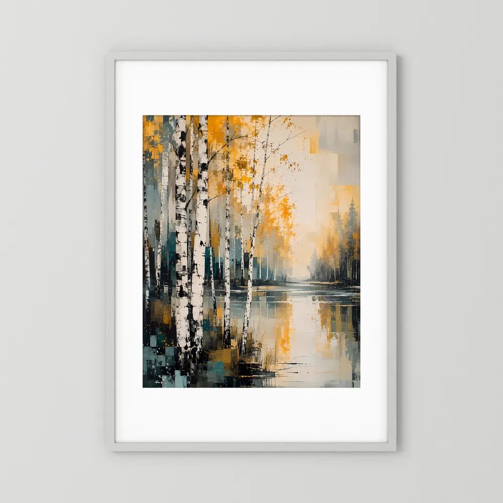 Abstraktes Herbstlandschaft-Poster Gold und Petrol im weißen Rahmen mit Passepartout
