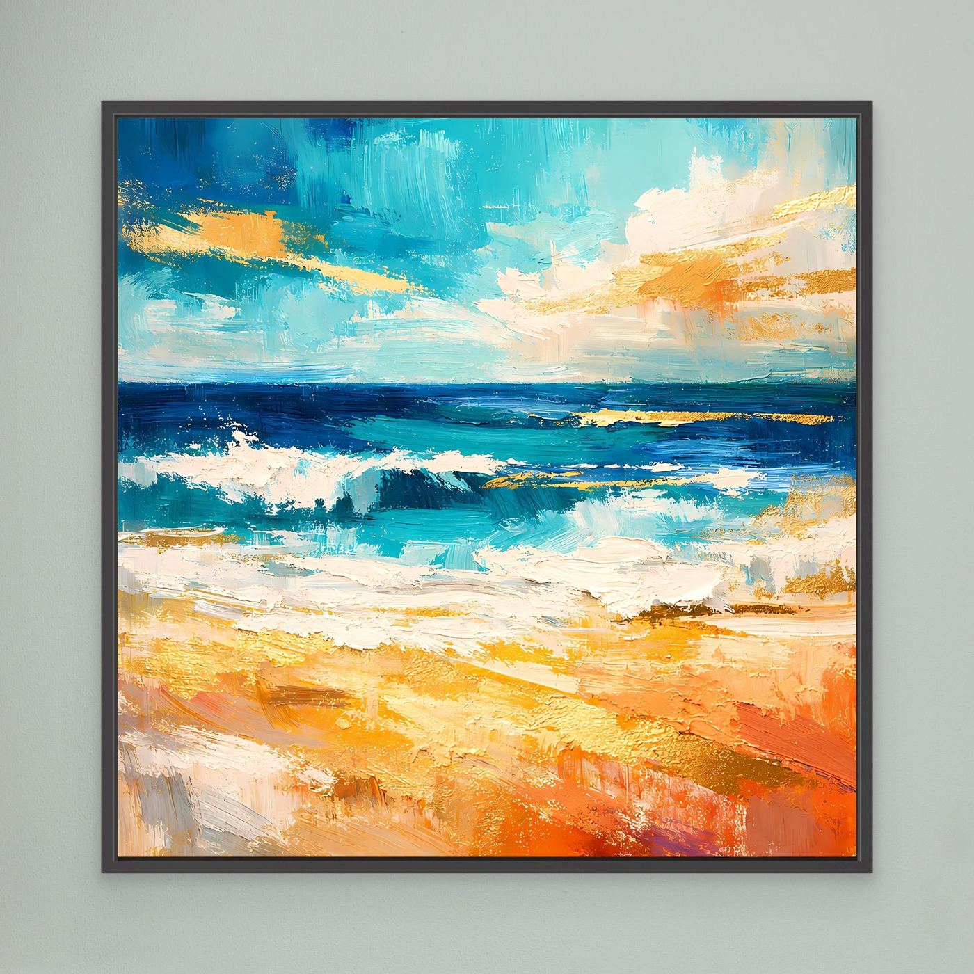 Leinwandbild abstraktes Strandmeer mit schwarzem Rahmen, Blau-, Grün- und Orangetöne