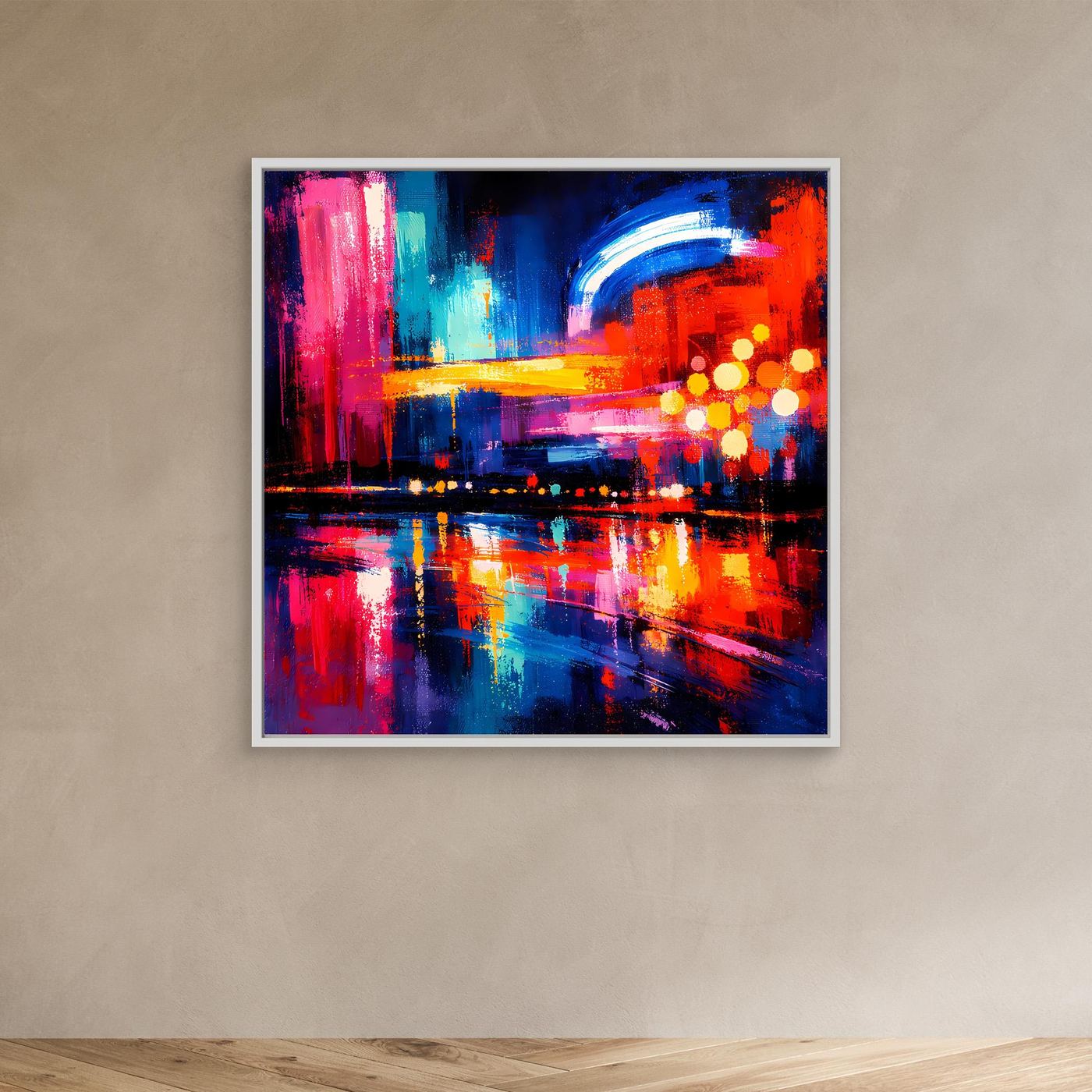 Abstraktes Leinwand-Wandbild (weißer Rahmen) mit Stadt-Skyline in Blau, Rot und Gelb