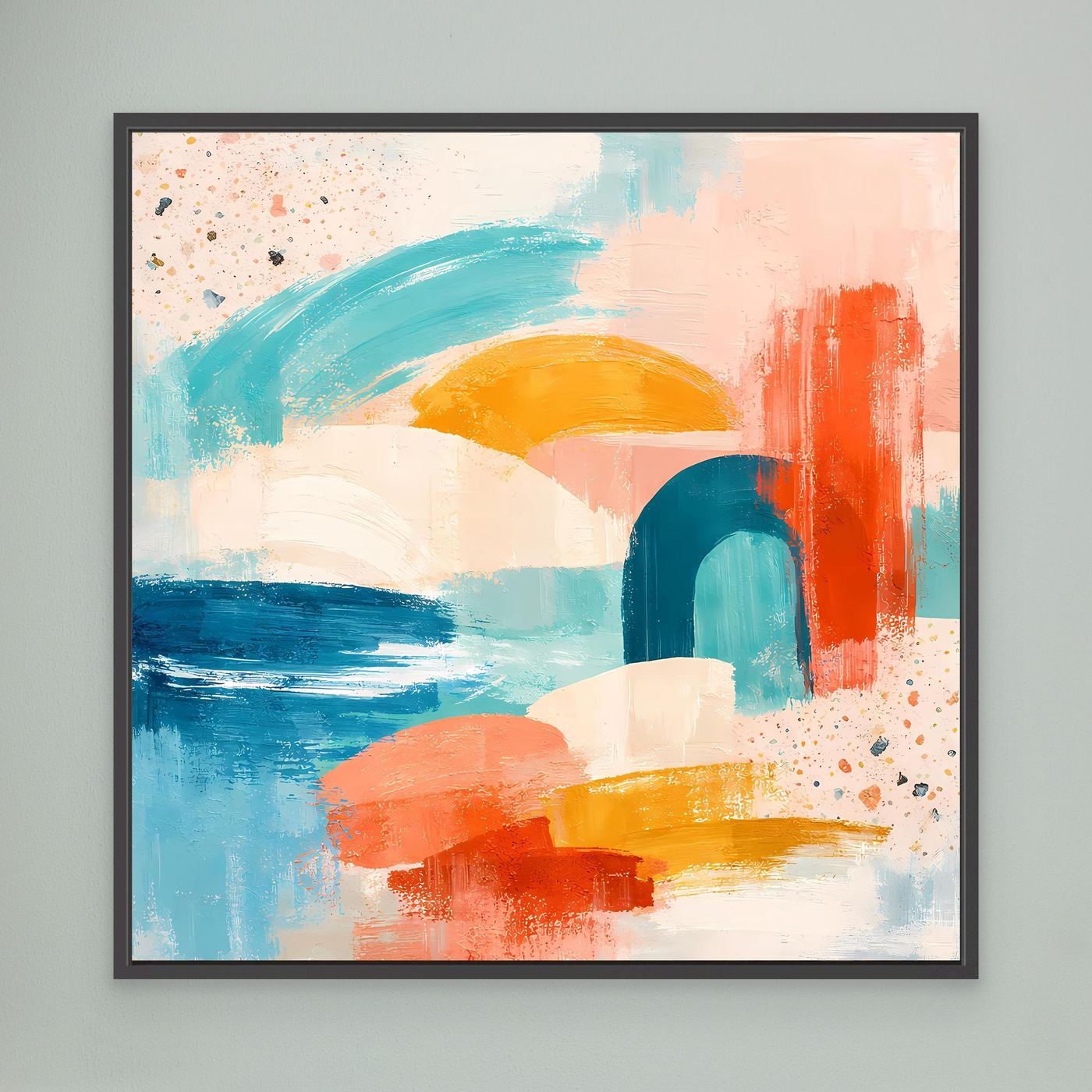 Black-framed abstract pastel canvas with teal, coral, blue, and yellow brushstrokes and blocks.