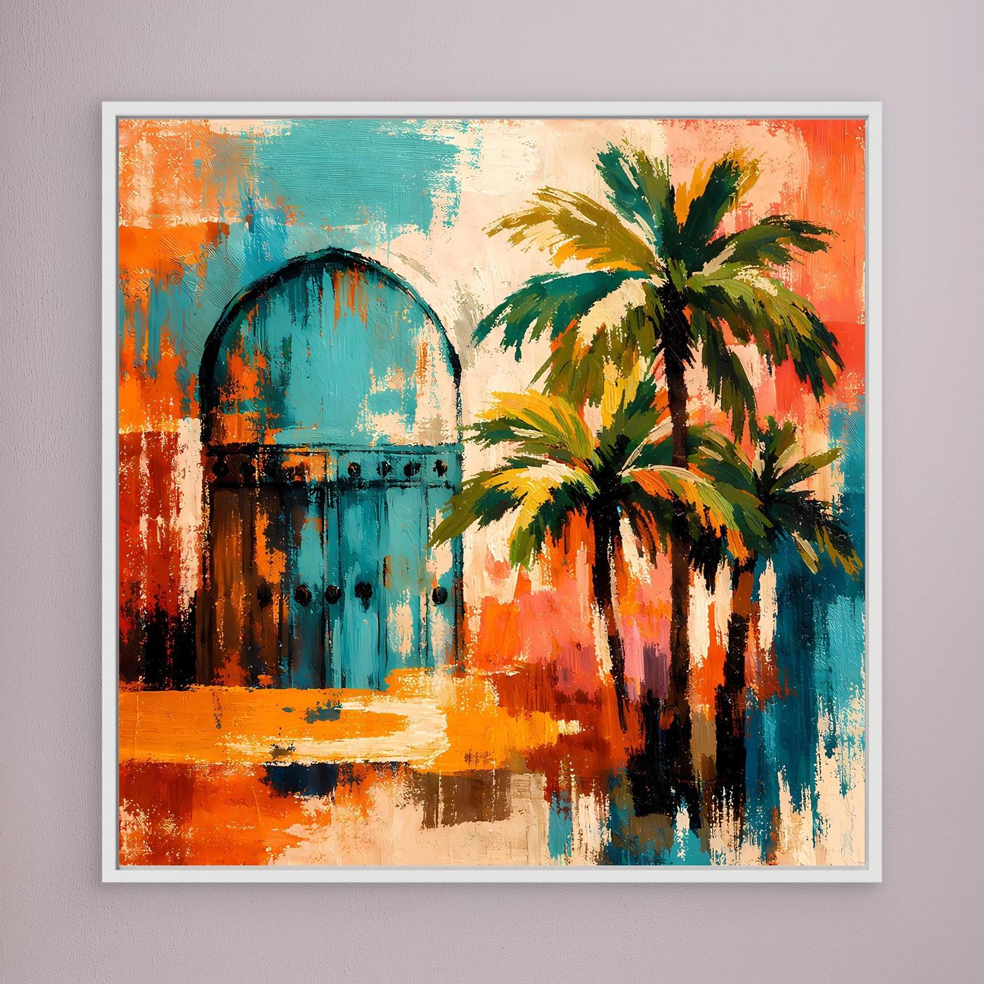 Wandbild mit abstraktem Torbogen und Palmen, kräftige Orange- und Blautöne, mit weißem Rahmen