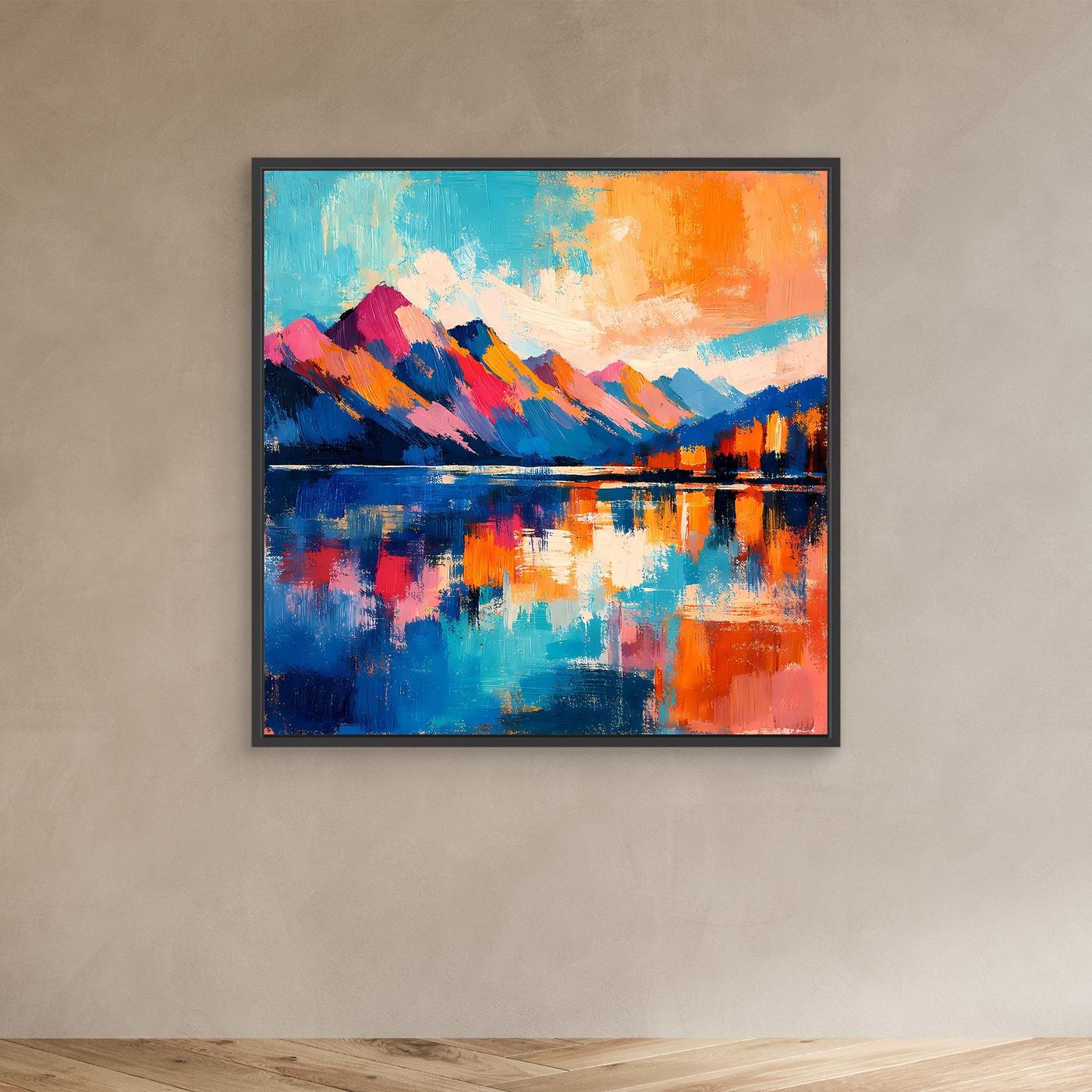 Leinwand-Wandbild mit abstrakter Bergkette am See in Blau und Orange, mit schwarzem Rahmen