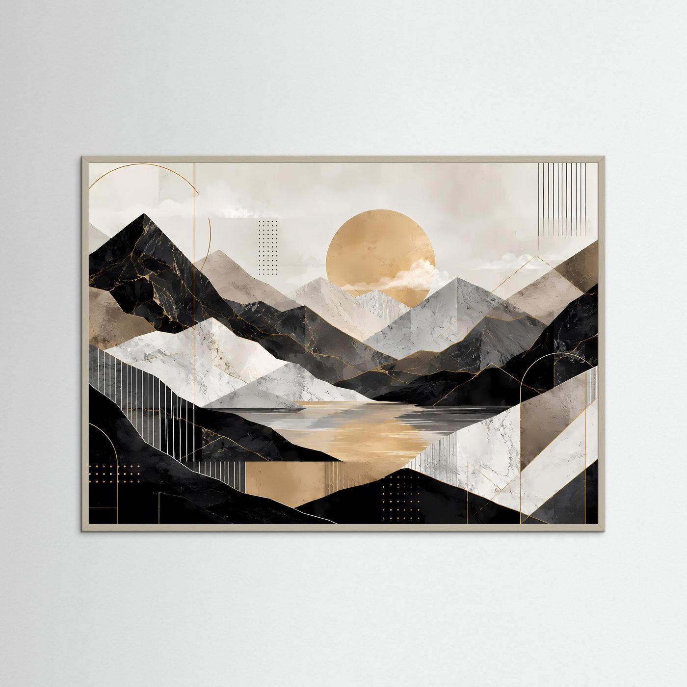 Abstraktes Poster mit Berglandschaft, See und goldener Sonne; brauner Holzrahmen.