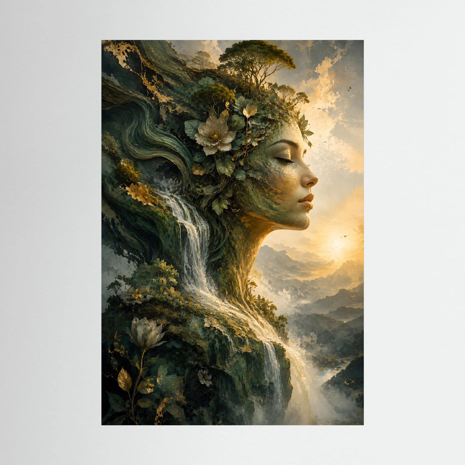 Hochformat-Wandposter mit mystischem Frauenprofil, Wasserfall, Wald und goldener Abendsonne