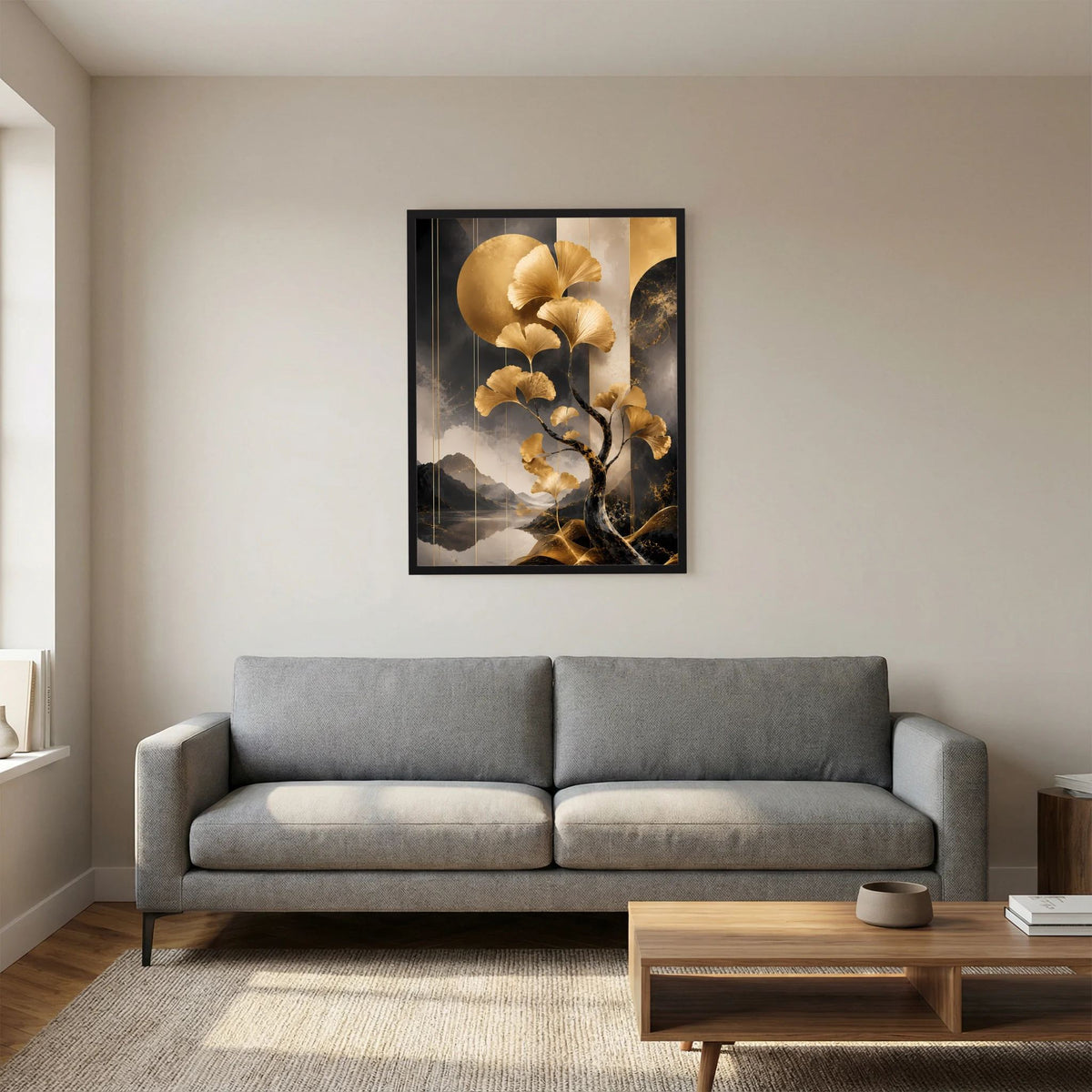 Vertikales Poster mit goldenem Ginkgobaum und Bergsee, goldene Details, schwarzer Rahmen