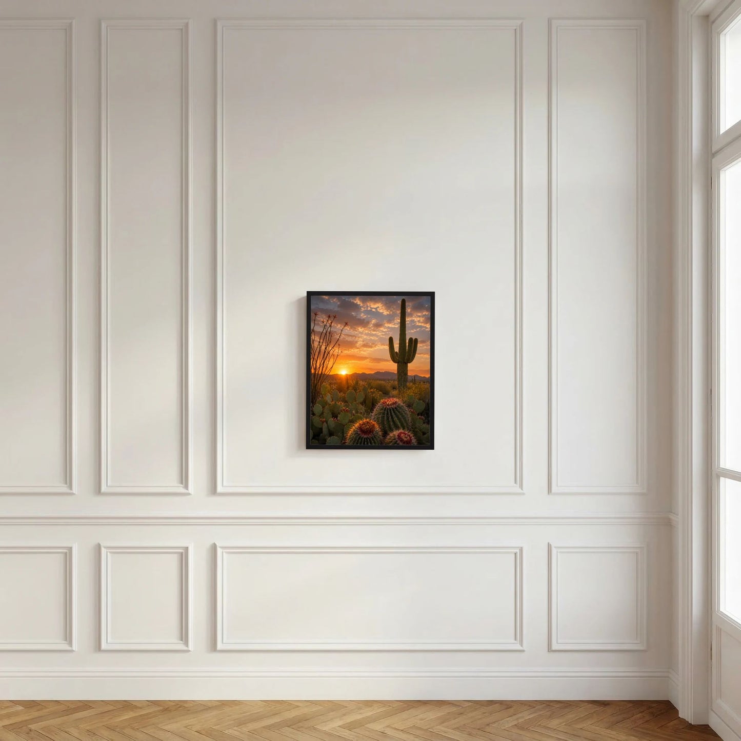 Kleines Wandposter mit Wüsten-Kakteen und Sonnenuntergang, schwarzer Rahmen