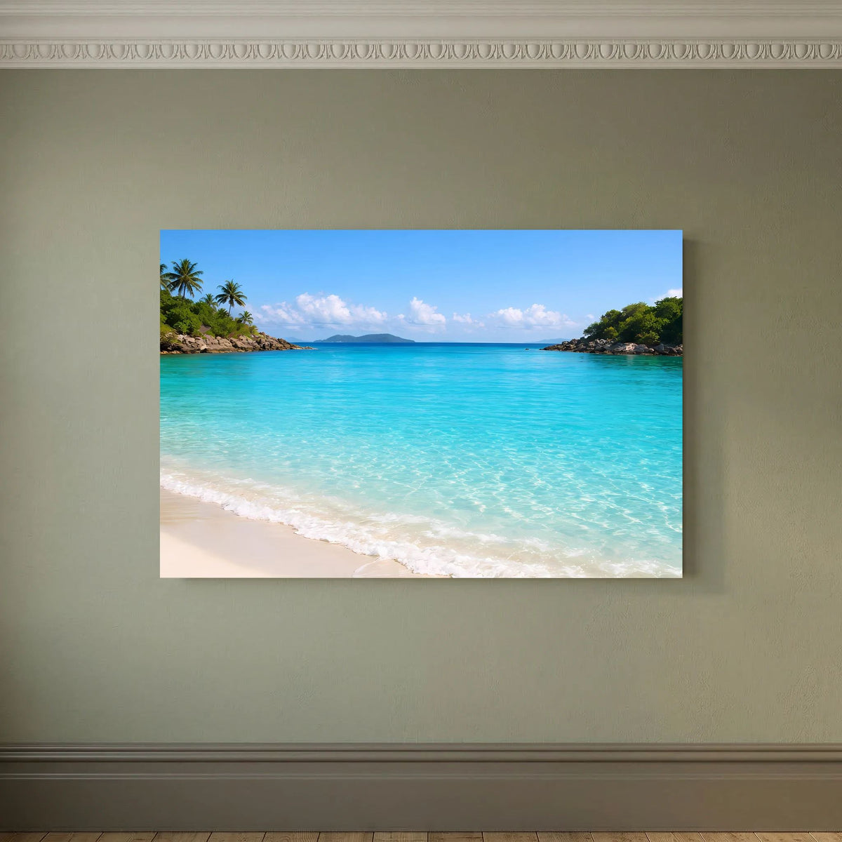 Wandbild mit tropischem Strandmotiv in Wandmontage: türkisfarbenes Meer und Palmen