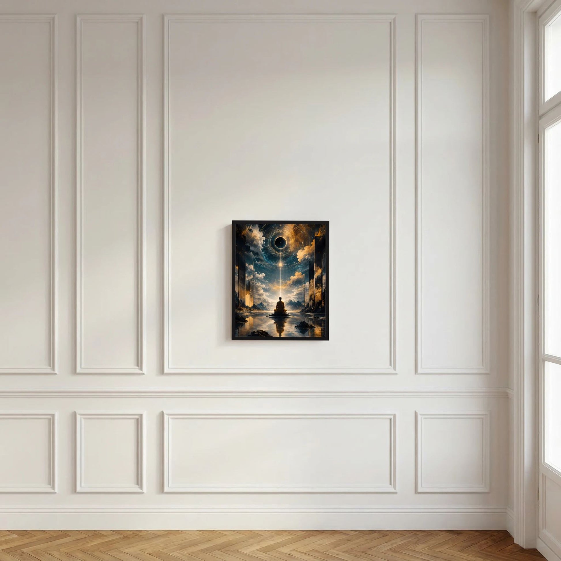 Hochformatposter im schwarzen Rahmen: Mönch auf Steinpodest vor rundem Lichtportal.