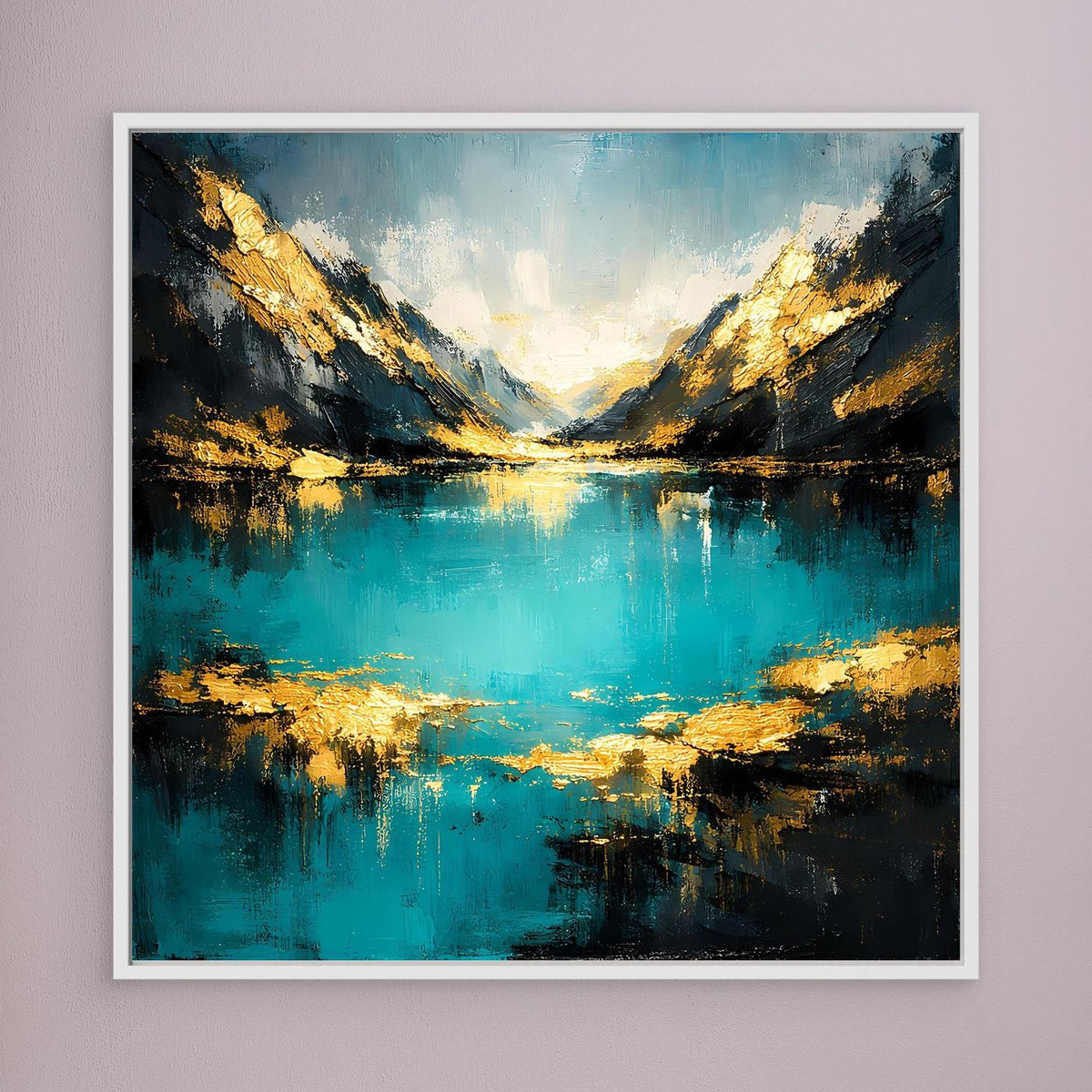 Abstraktes Leinwand-Wandbild mit türkis-goldenem Bergsee im weißen Rahmen