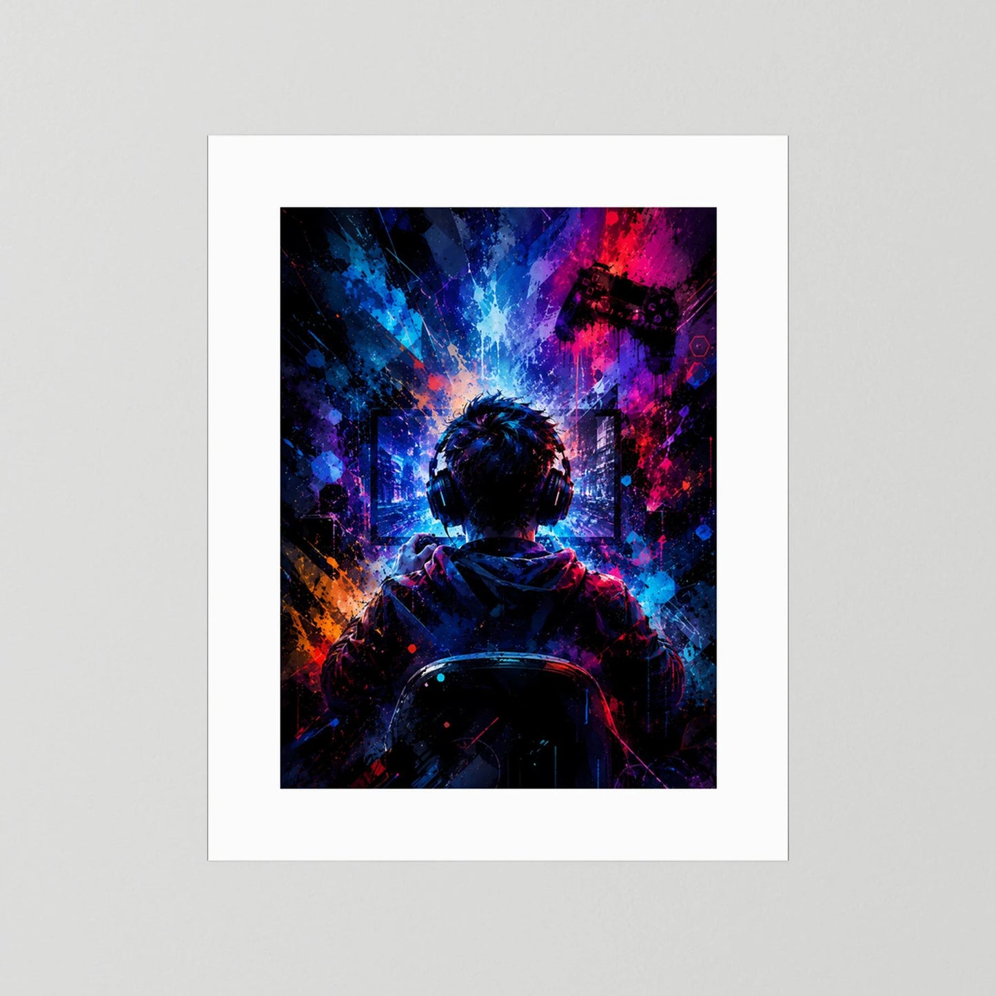 Poster im Hochformat ohne Rahmen, weißer Rand, Neon-Gamer mit Headset