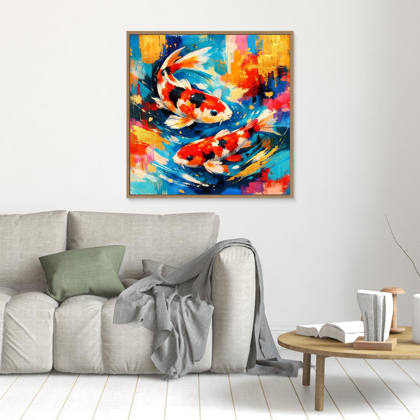 Kleines Leinwandbild mit bunten Koi-Fischen im abstrakten Pinselstil, braun gerahmt