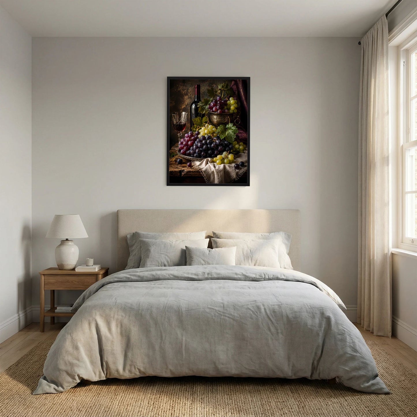 Gerahntes Poster im Hochformat mit Weinflasche, Trauben und Deko-Schale