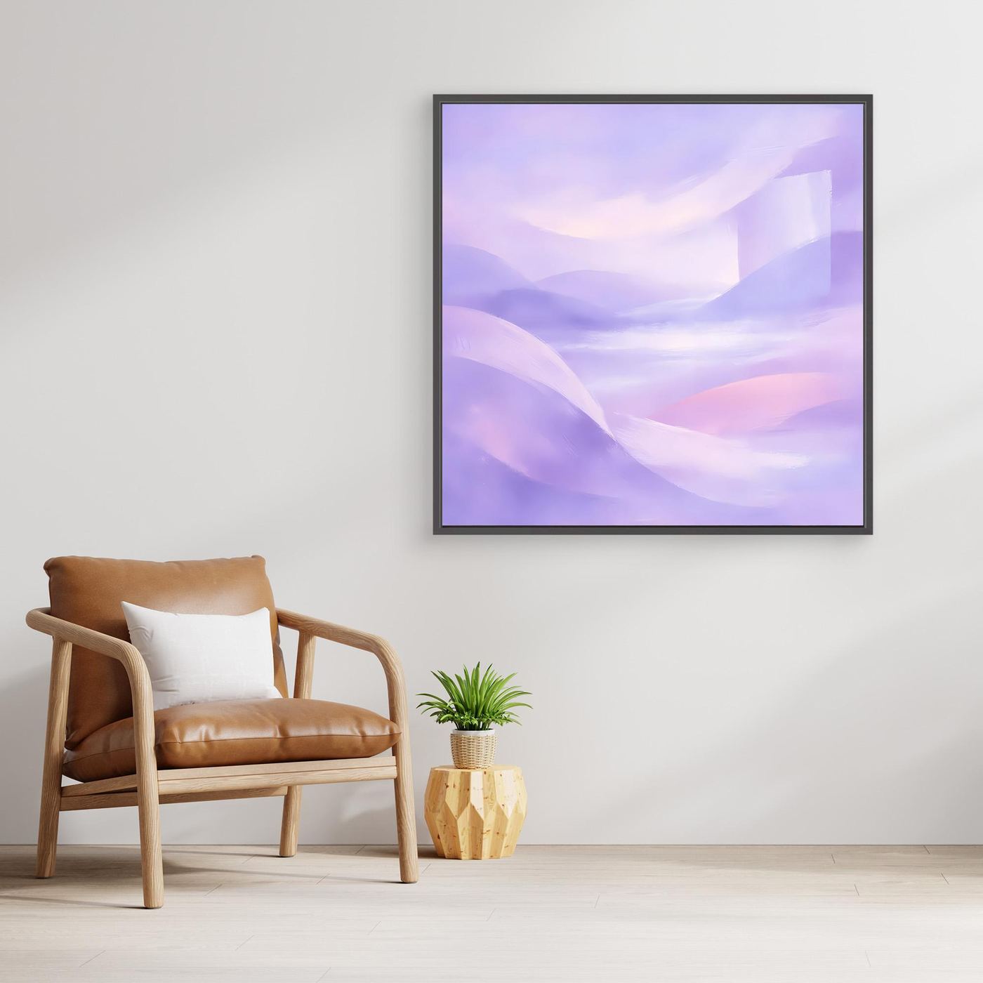 Leinwandbild mit Pastellhügeln in Violett und Rosa, mit schwarzem Rahmen