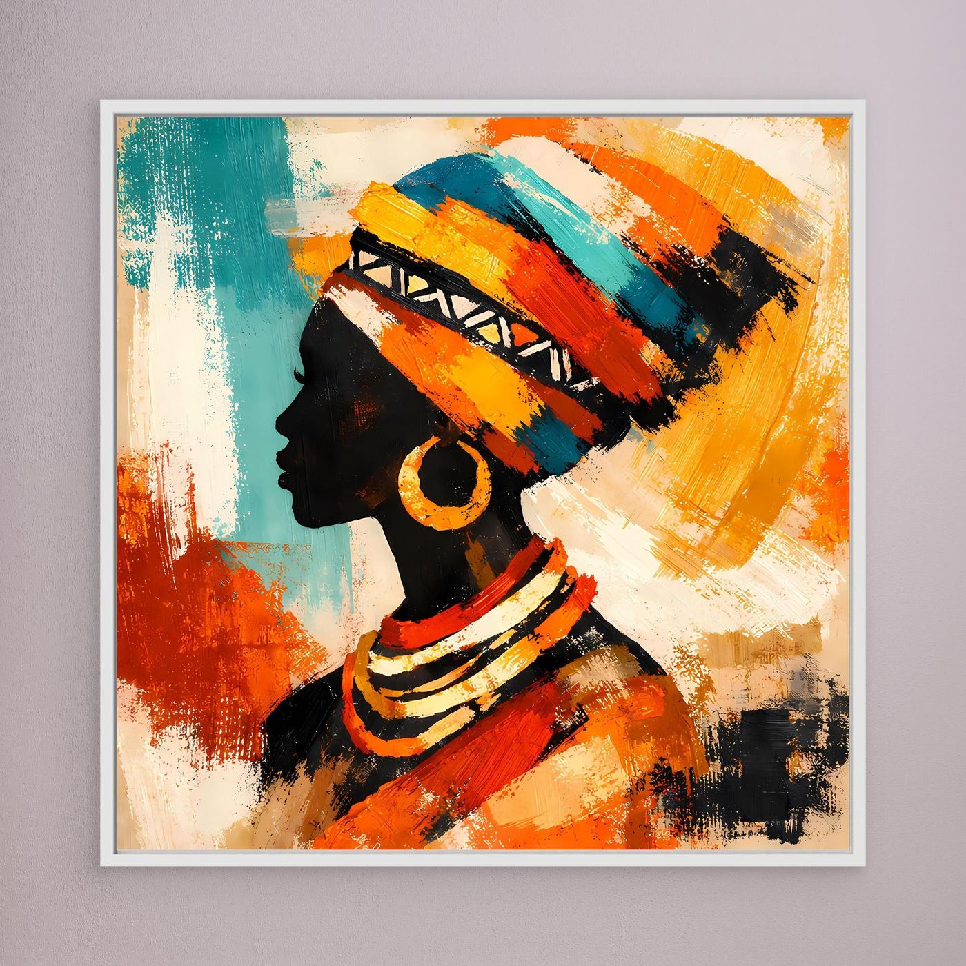 White-framed abstract canvas wall art with a woman profile silhouette, colorful headwrap, and necklace
